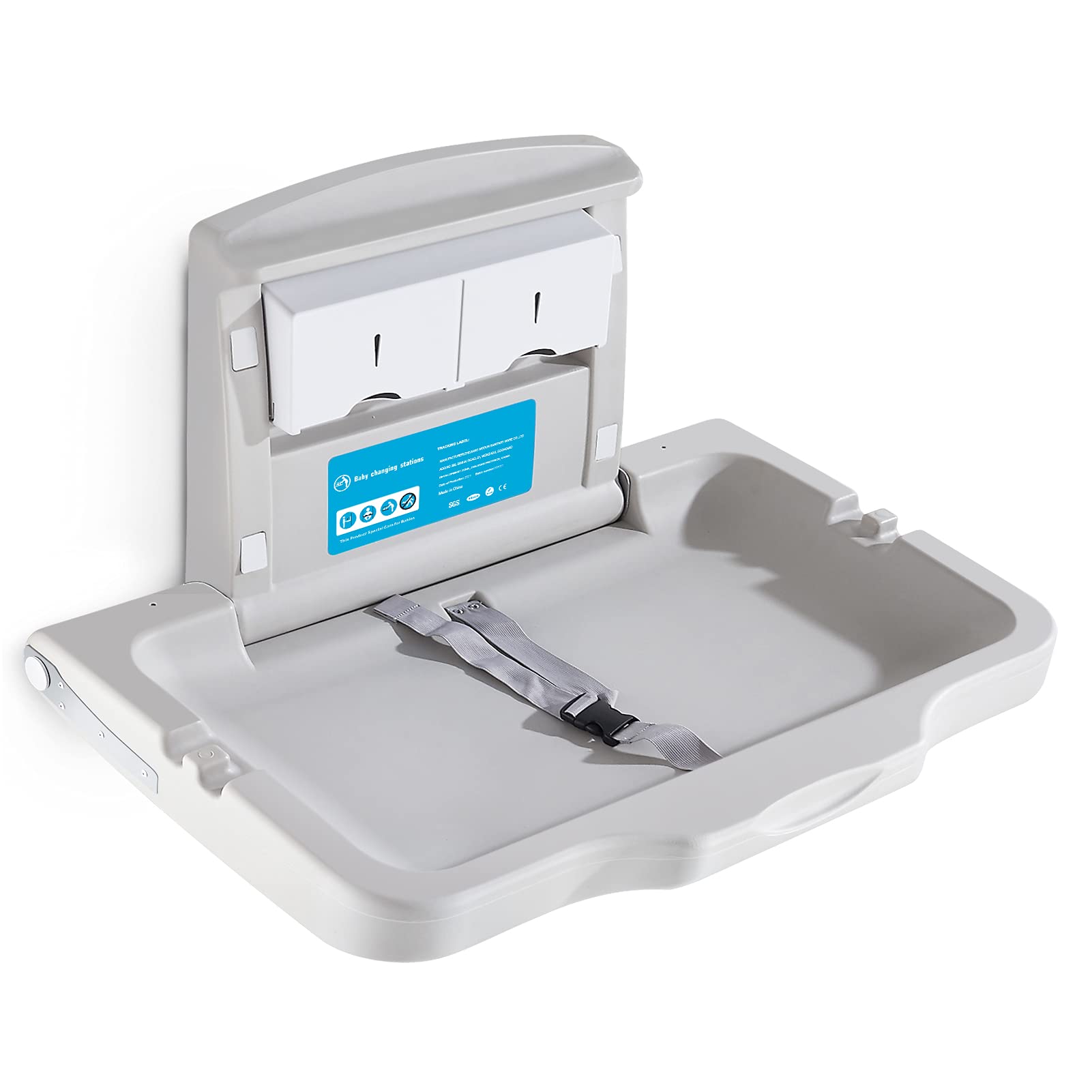 Wall Mounted Baby Changing Station with Safety Strap - Commercial Diaper Changing Table for Public Restrooms & Daycares - ADA Compliant Horizontal Changing Unit with Sign - Perfect for Shopping Malls, Airports & Family Restrooms