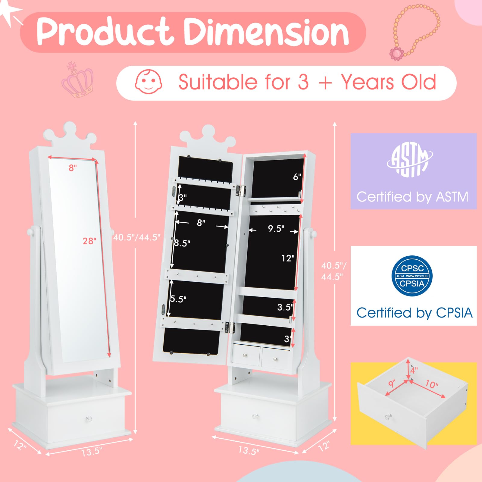 Costzon Kids Jewelry Armoire with Mirror & Drawers - White Vanity Organizer for Girls' Room