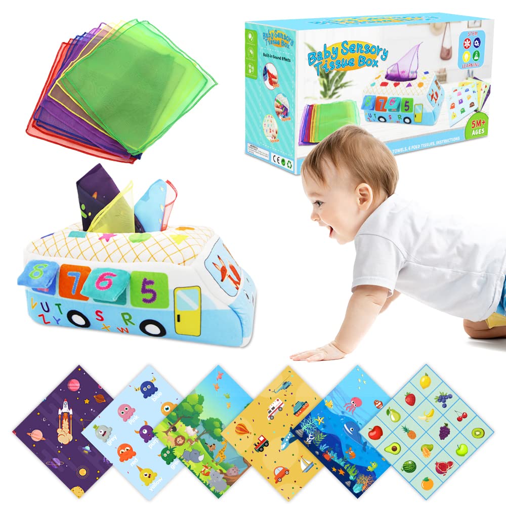 Bus-Shaped Baby Sensory Toy - Magic Tissue Box Crinkle Toy for 6-12 Months | Montessori Educational Learning with Letters, Numbers, Animals & Colors | Perfect Infant Toddler Gift for Preschool Development & Playtime Fun