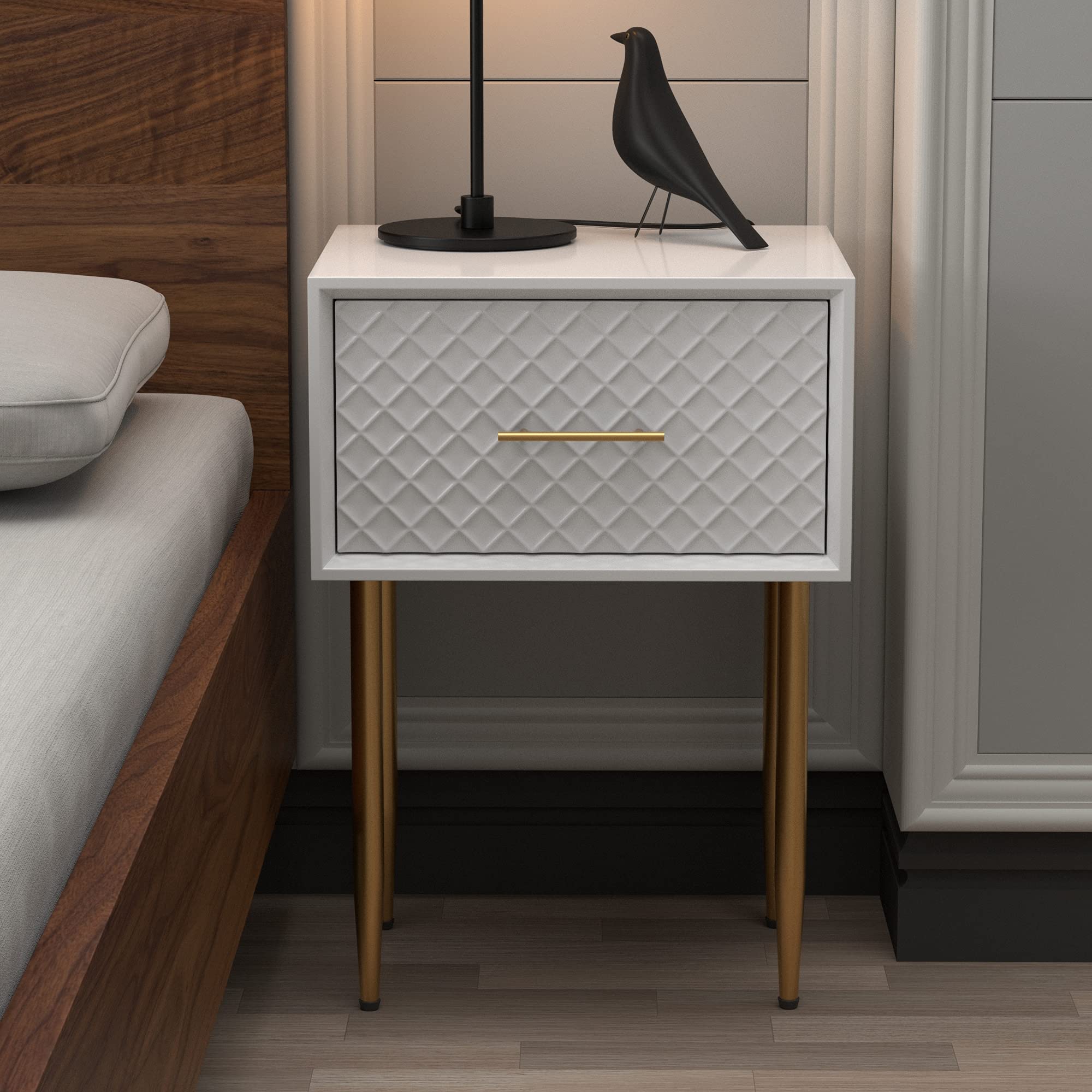 Modern White Nightstand with Waffle Pattern Drawer & Gold Legs - Diamond Pattern Side Table for Bedroom - Contemporary Retro-Inspired Raised Diamond Motif - Perfect for Small Spaces, Guest Rooms & Apartment Living
