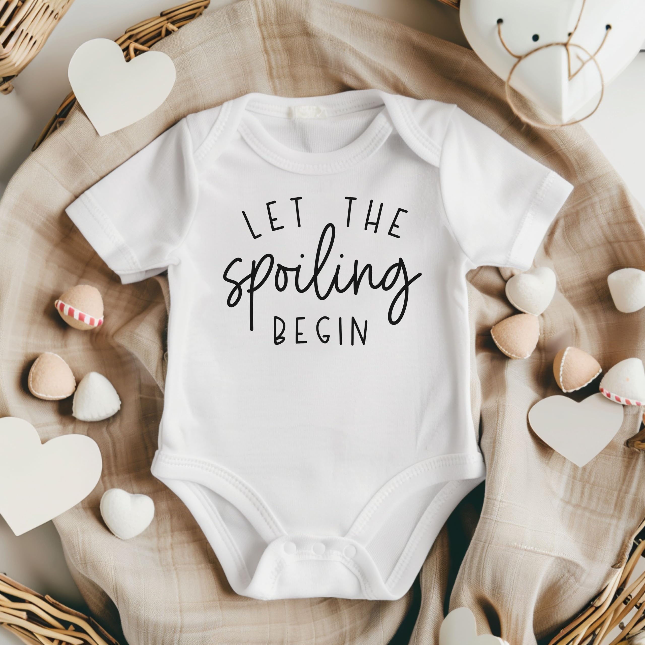 Let The Spoiling Begin Pregnancy Announcement Baby Bodysuit - Cute Infant Onesie for Grandparents, Aunts & Uncles - Soft White Newborn Outfit - Perfect Gender Reveal & Baby Shower Gift