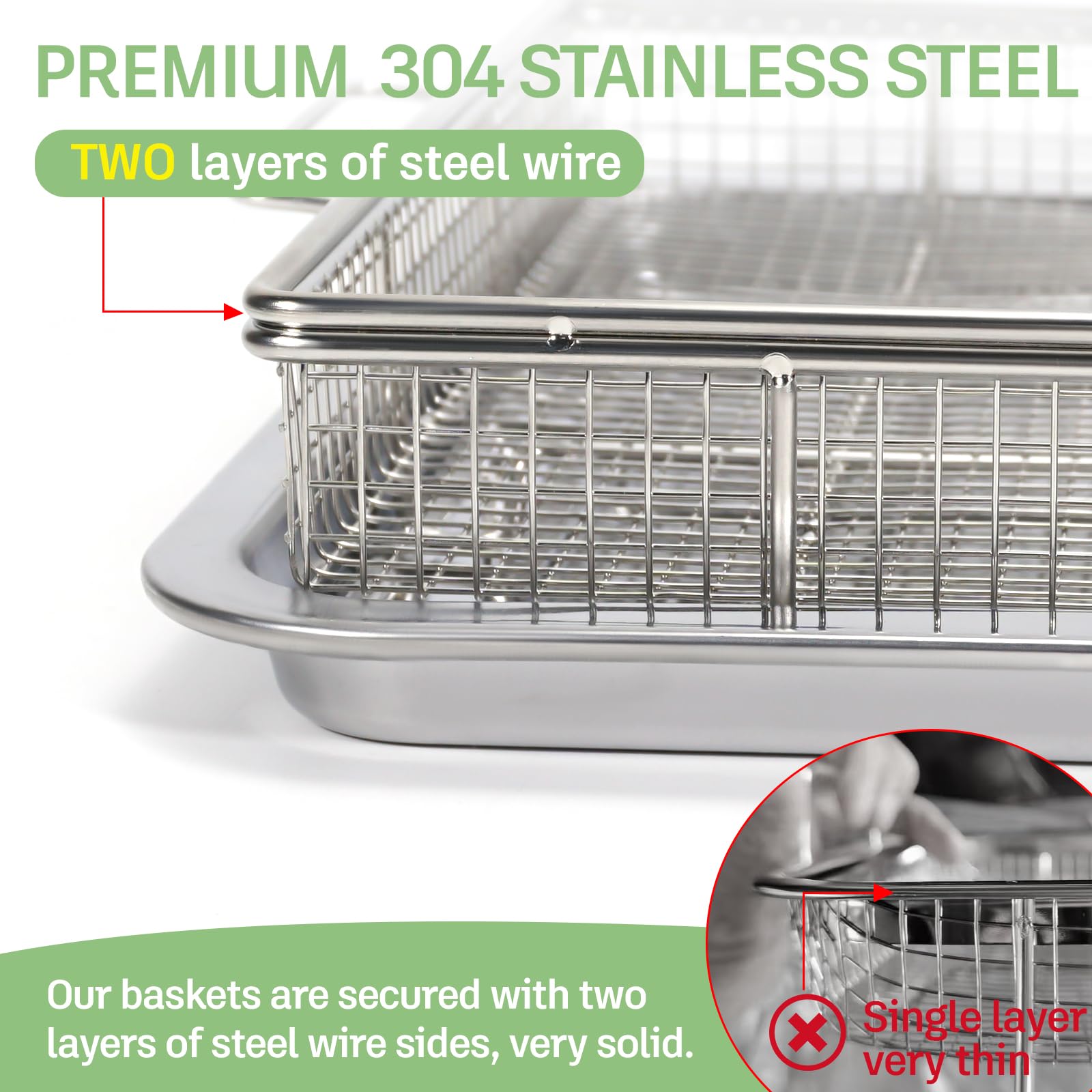 Stainless Steel Air Fryer Basket for Oven - 2-Piece Set with Heavy-Duty Wire Rack & Anti-Scald Handle Clip (12.8