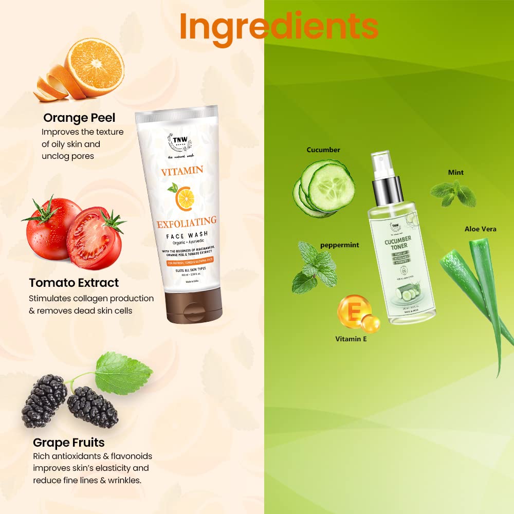 Vitamin C Exfoliating Face Wash & Cucumber Toner Set (100ml Each) for Glowing Skin - Natural Skincare Combo with No Harmful Chemicals | Gentle Cleanser & Makeup Remover | Perfect for Daily Skincare Routine & Post-Workout Refresh