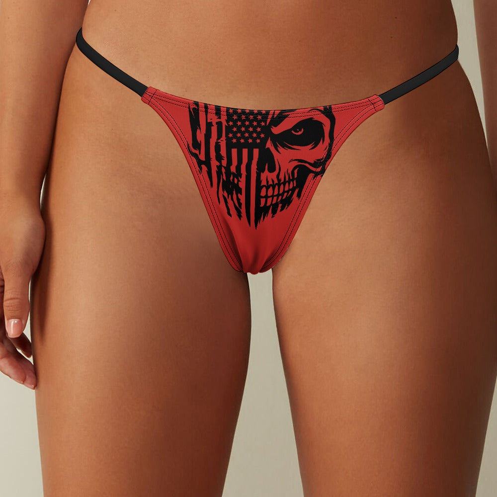 American Flag Skull Print Thin Thong - Sexy Patriotic Underwear for Women, Perfect for 4th of July, Halloween, and Biker Events