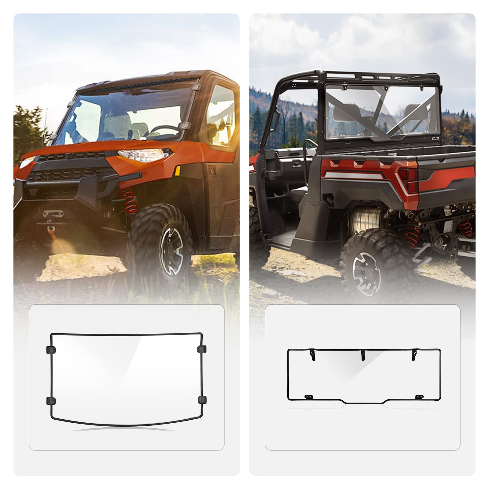 KEMIMOTO Front Windshield & Rear Window for Polaris Ranger XP 1000/Crew 2017-2025 | Durable ATV Windshield for Off-Road Protection & All-Weather Driving