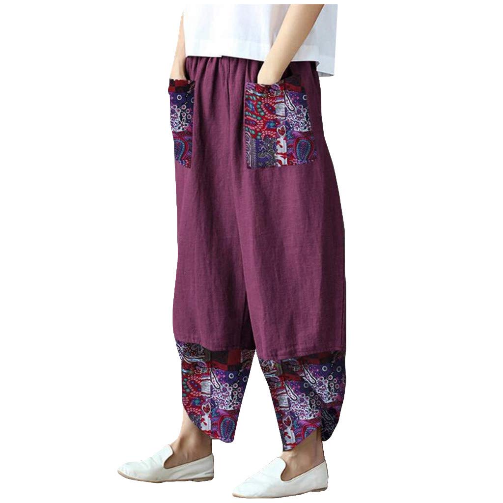 Women's Boho Floral Linen Capri Pants - Casual Wide Leg Summer Beach Pants with Pockets | Perfect for Vacation, Yoga & Outdoor Activities