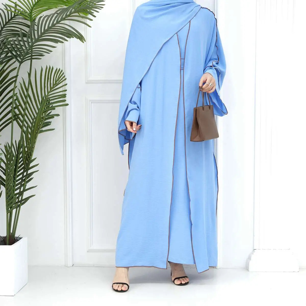2-Piece Heavy Wrinkle Fabric Open Abaya Dress Set for Women - Modest Muslim Prayer Dress with Long Sleeves - Perfect for Eid, Ramadan & Special Occasions