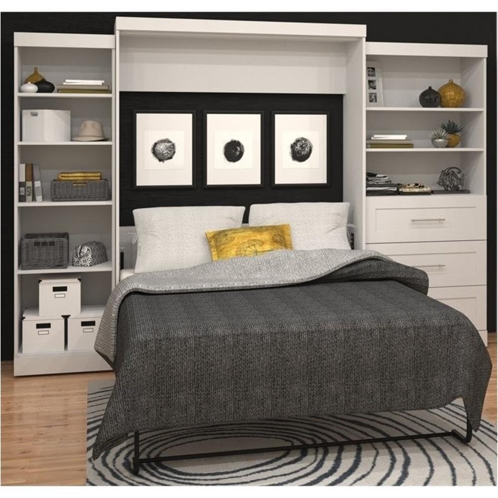 Pemberly Row Transitional Wood Queen Wall Bed with Storage in White - Space-Saving Murphy Bed for Small Apartments, Guest Rooms & Home Offices