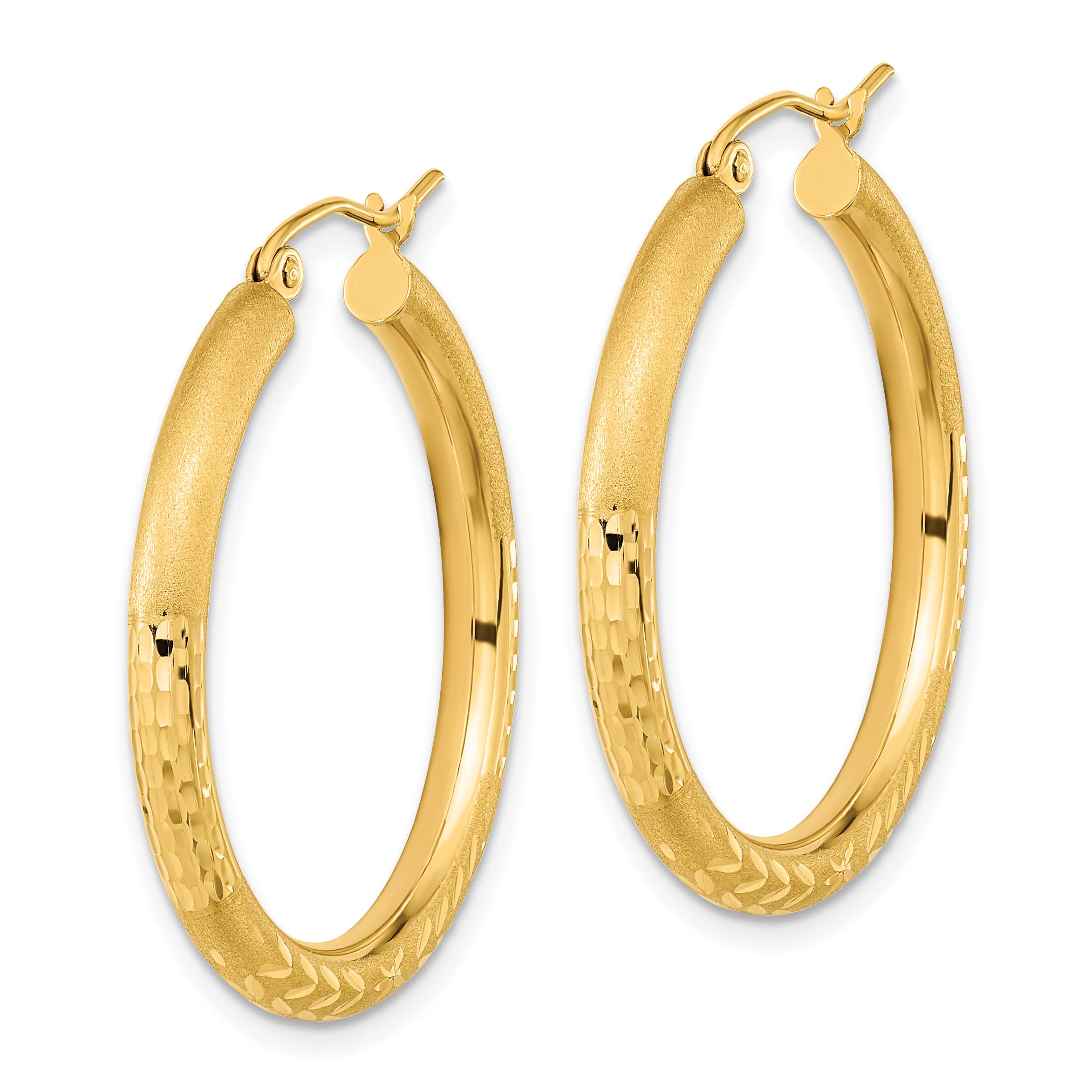 14K Yellow Gold Polished Satin & Diamond-Cut Hoop Earrings for Women | 32.28mm Elegant Hoops | Perfect for Parties, Weddings & Everyday Wear