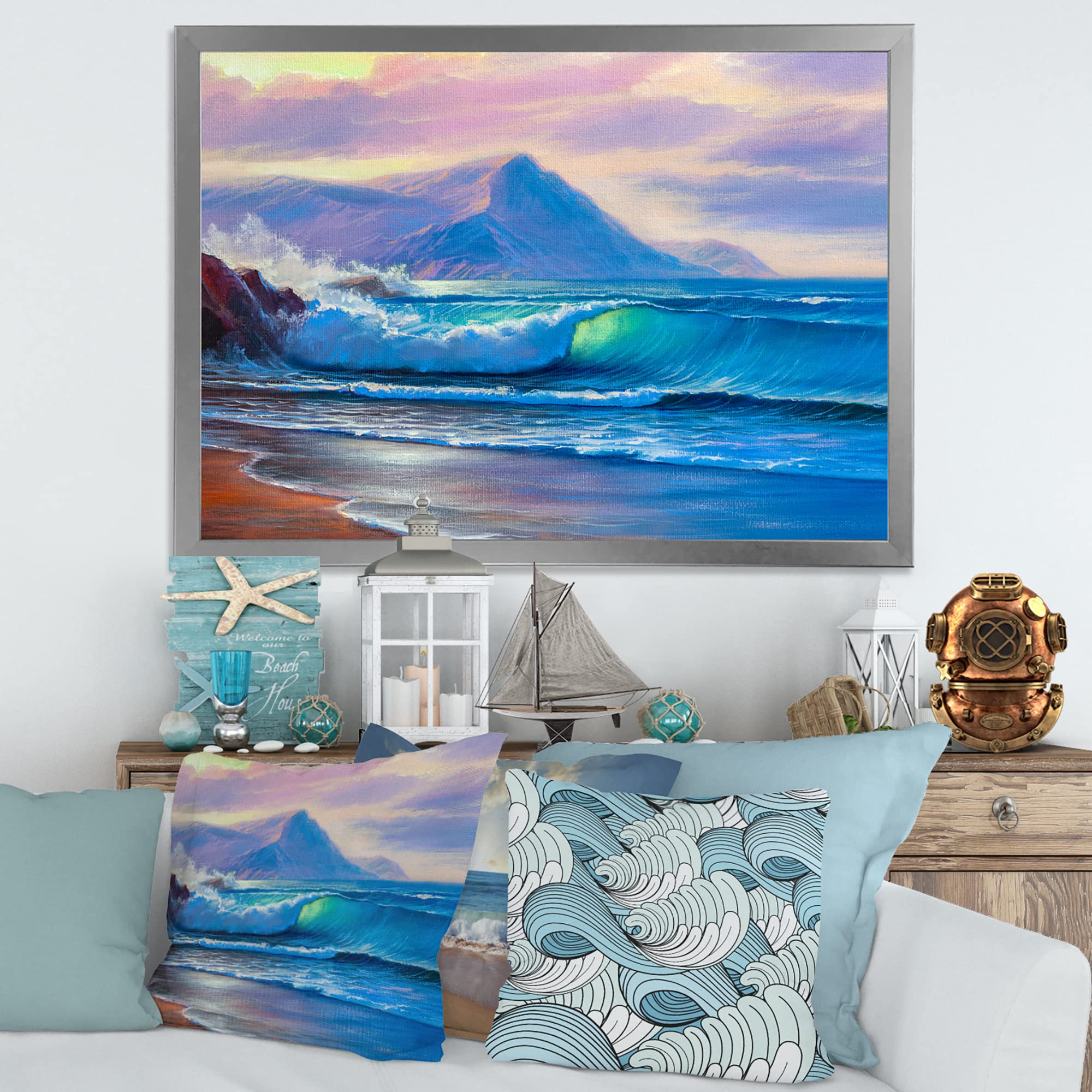 Blue Waves Breaking At The Beach - Nautical Coastal Framed Wall Art Decor for Living Room, Bedroom & Office | Ocean Themed Home Decor