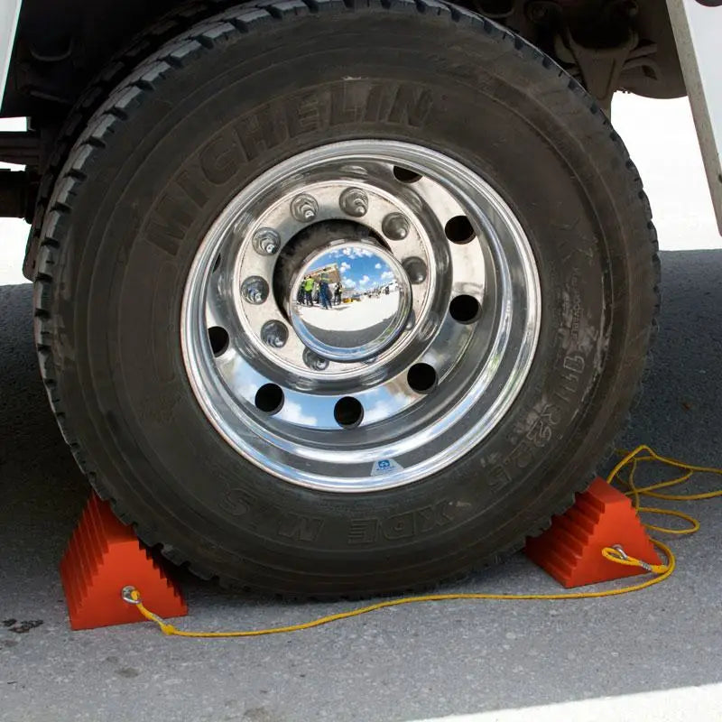 AME 15324 Heavy-Duty Urethane Wheel Chock - Orange (Pair) for Truck, RV & Trailer Parking Safety | Non-Slip, Weather-Resistant Design