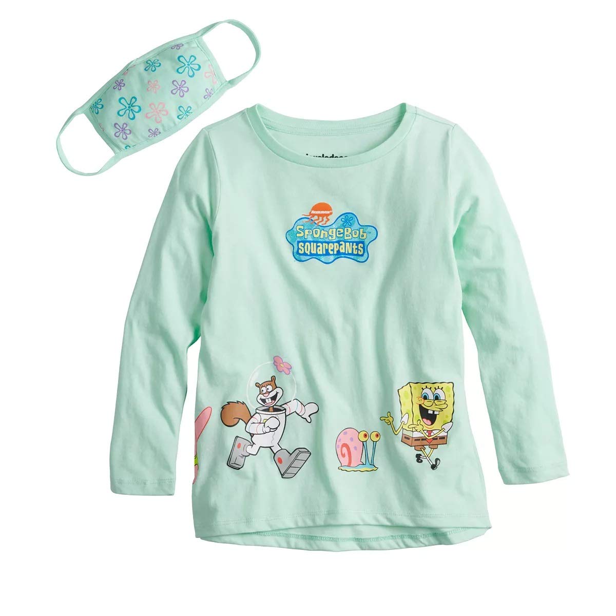SpongeBob SquarePants Girls Long Sleeve T-Shirt & Floral Face Mask Set - Cartoon Character Outfit for Kids - Perfect for School, Playdates & Birthday Parties