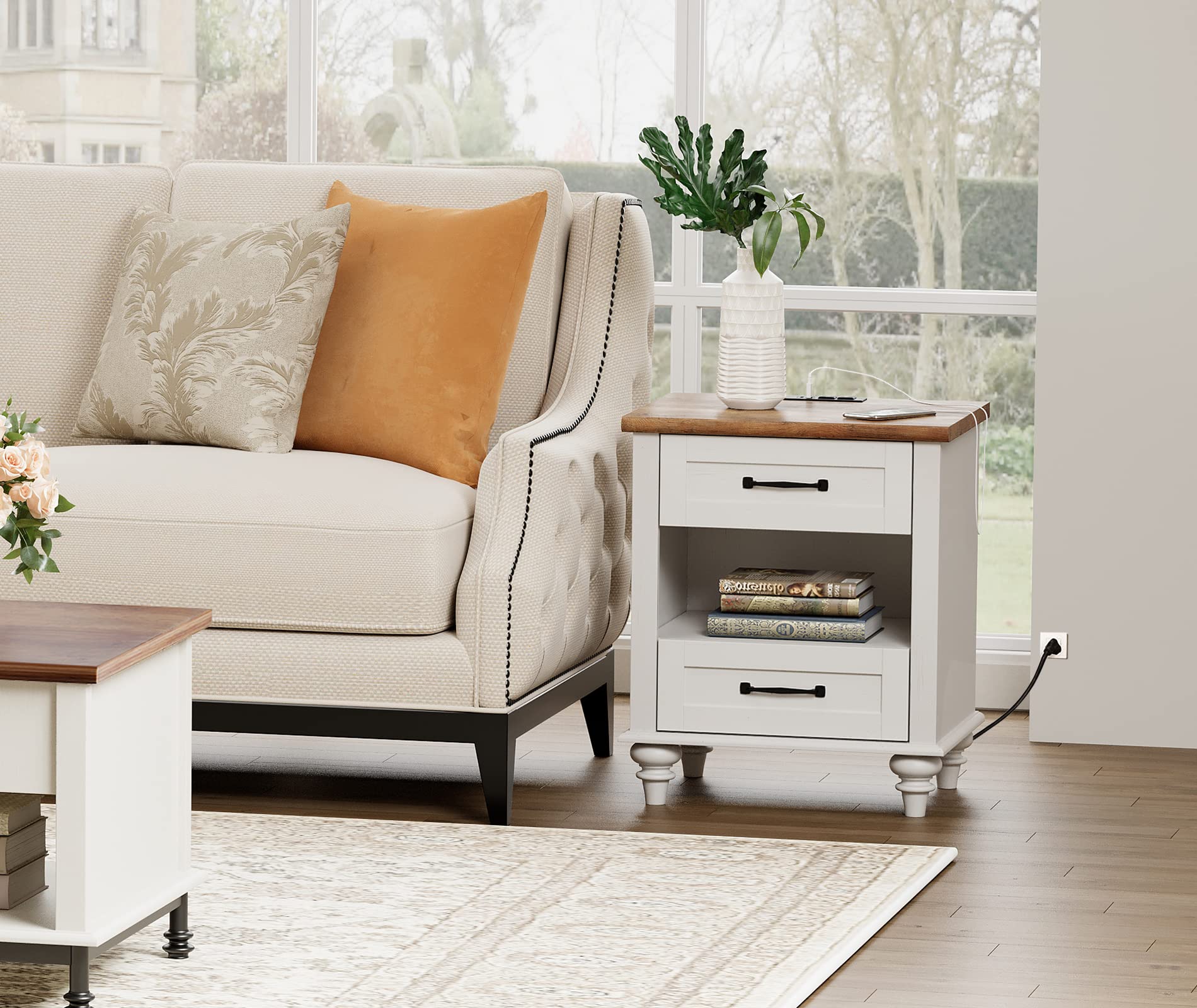 WAMPAT Set of 2 White Nightstands with USB Charging Station & 2 Drawers - Mid Century Modern Bedside Tables for Bedroom, Living Room & Dorm - Perfect for Phone Charging, Storage & Home Decor