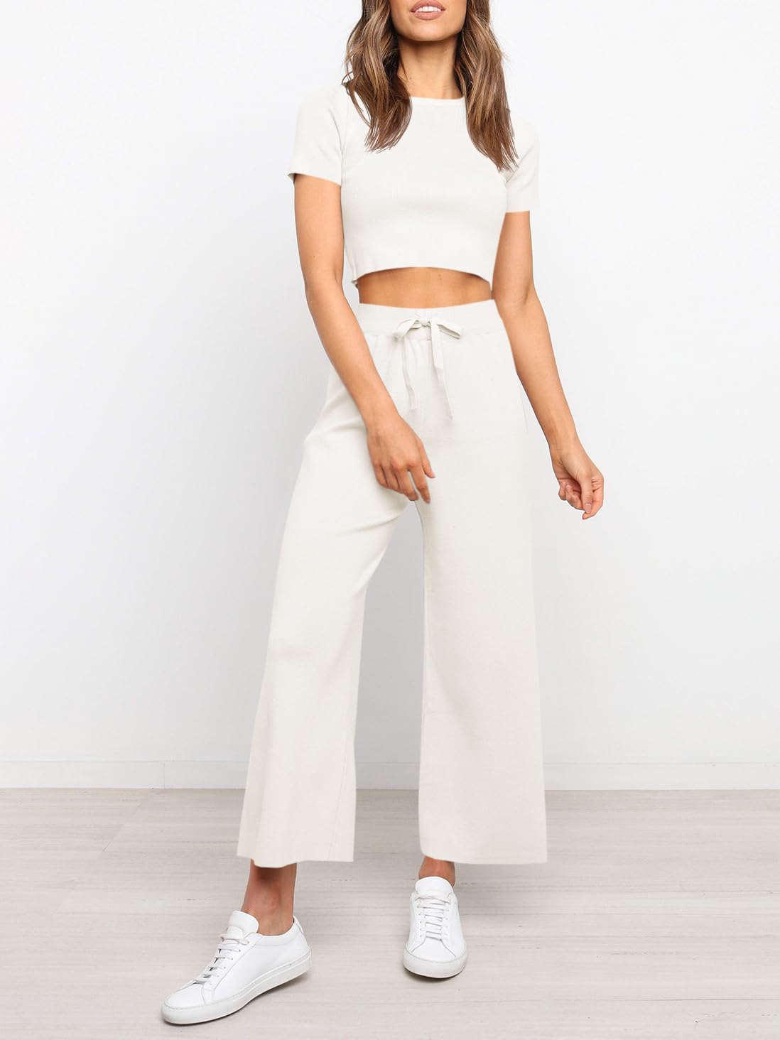 Fisoew Women's 2 Piece Outfit Set - Soft Knit Short Sleeve Crop Top & High Waisted Lounge Pants | Casual Loungewear, Streetwear & Home Comfort Outfits for Women