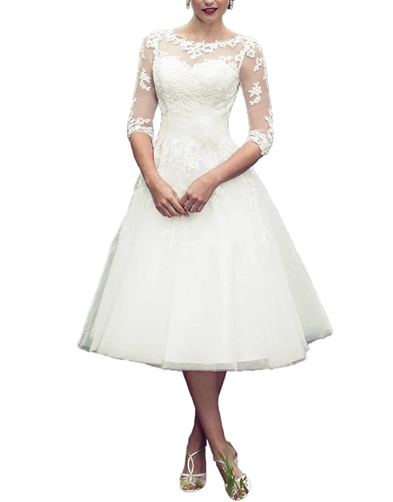 Elegant POMUYOO Women's V-Neck Tea-Length Wedding Dress with Long Sleeves & Lace Details - Perfect for Bridal Showers, Beach Weddings, and Romantic Ceremonies