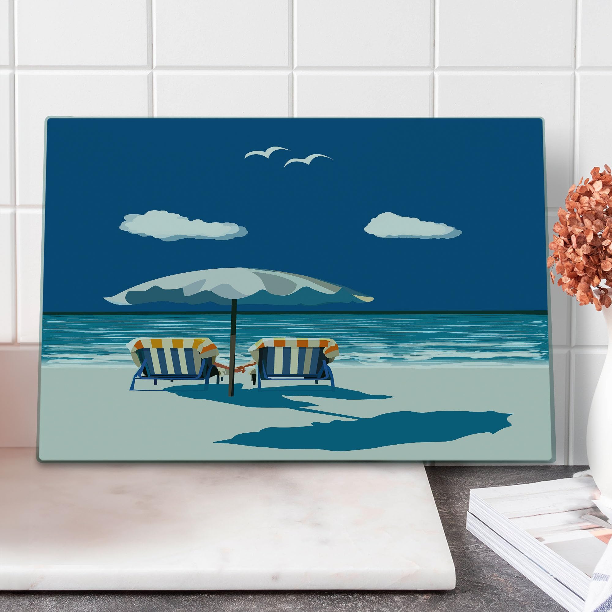 Lunarable Coastal Themed Tempered Glass Cutting Board - Large Decorative Serving Tray with Romantic Beach Couple Design (Blue/White/Pale Blue) | Perfect for Kitchen Use, Charcuterie Boards, and Coastal Home Decor