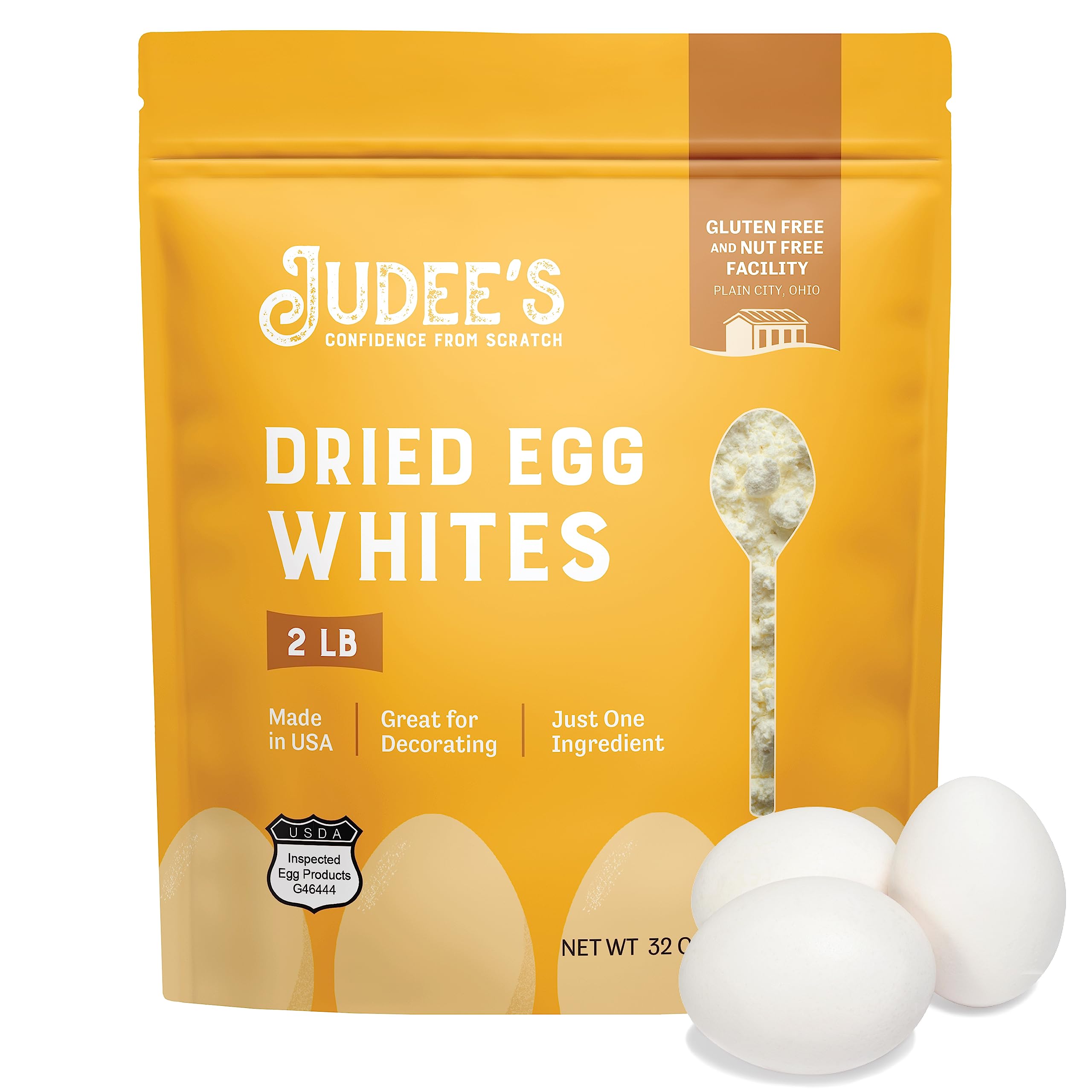 Judee's Gluten Free Dried Egg White Protein Powder 2 lb - Pasteurized, USDA Certified, Non-GMO, Nut-Free, Single Ingredient - Made in USA - Perfect for Baking, Smoothies & Protein Shakes