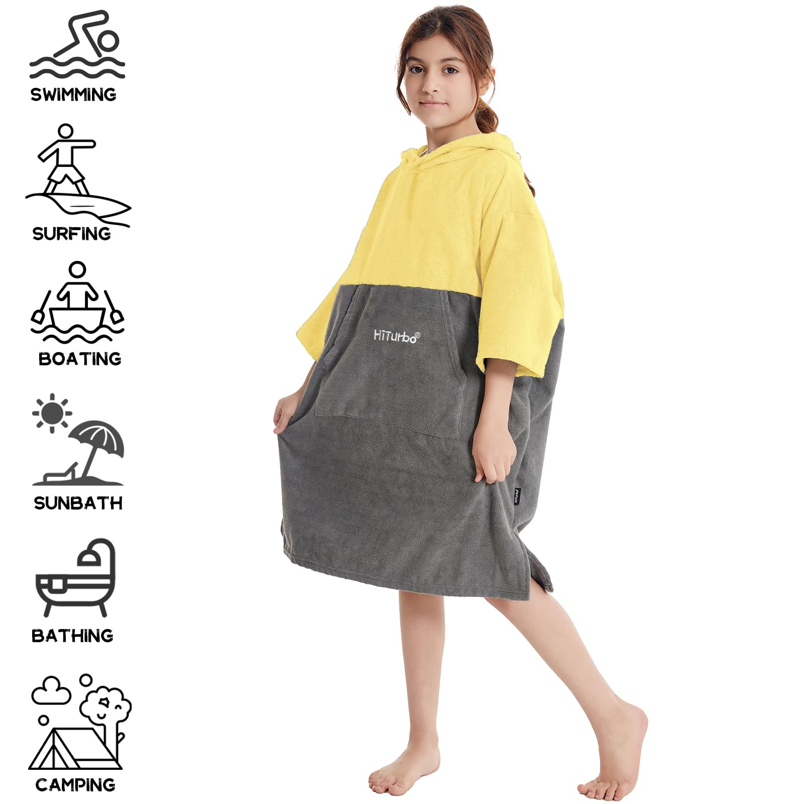 Hiturbo Kids Changing Towel Robe - Super Absorbent Quick Dry Surf Poncho with 3/4 Sleeves, Soft Microfiber Bath Towel for Beach, Pool & Swimming - Perfect for Boys & Girls (Yellow/Gray)