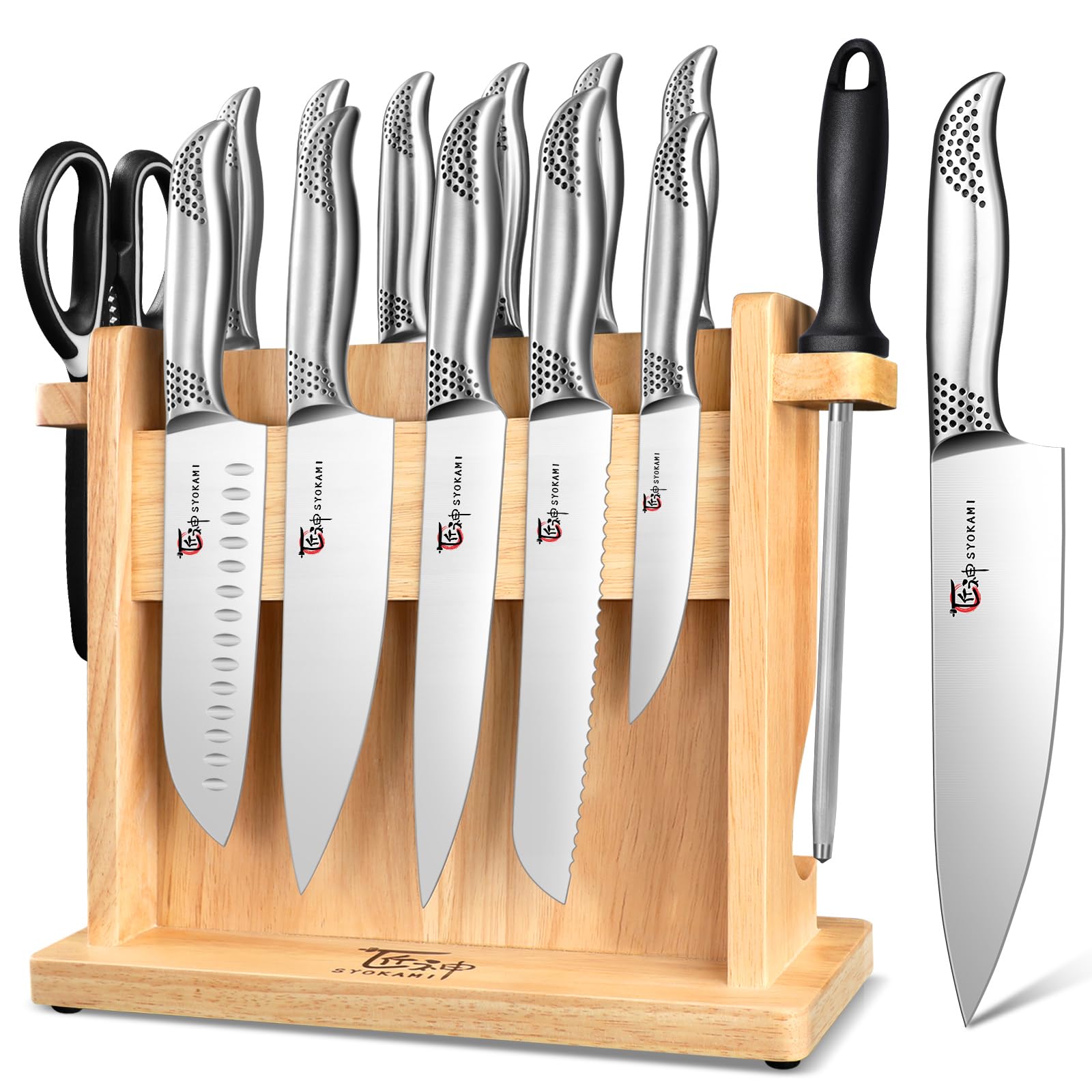 Premium Japanese Style Kitchen Knife Set - 14 PCS High Carbon Stainless Steel Sharp Knives with Magnetic Block Holder, Ergonomic Handle & Sharpener - Perfect for Home Chefs, Cooking Enthusiasts & Professional Kitchens