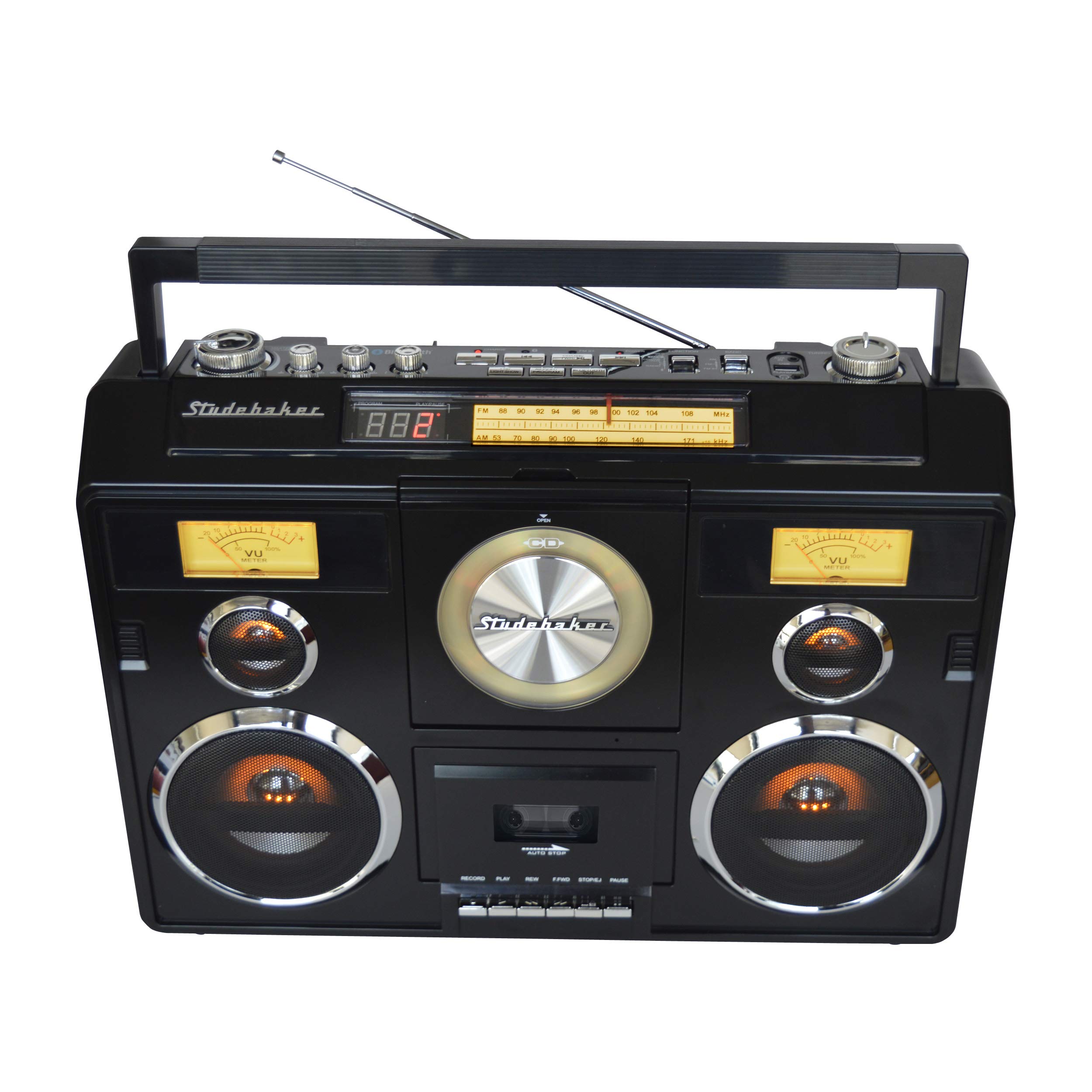 Portable Stereo Sound System with Bluetooth, CD Player, AM/FM Radio & Cassette Recorder - Black | Wireless Music Streaming for Home, Office & Outdoor Parties