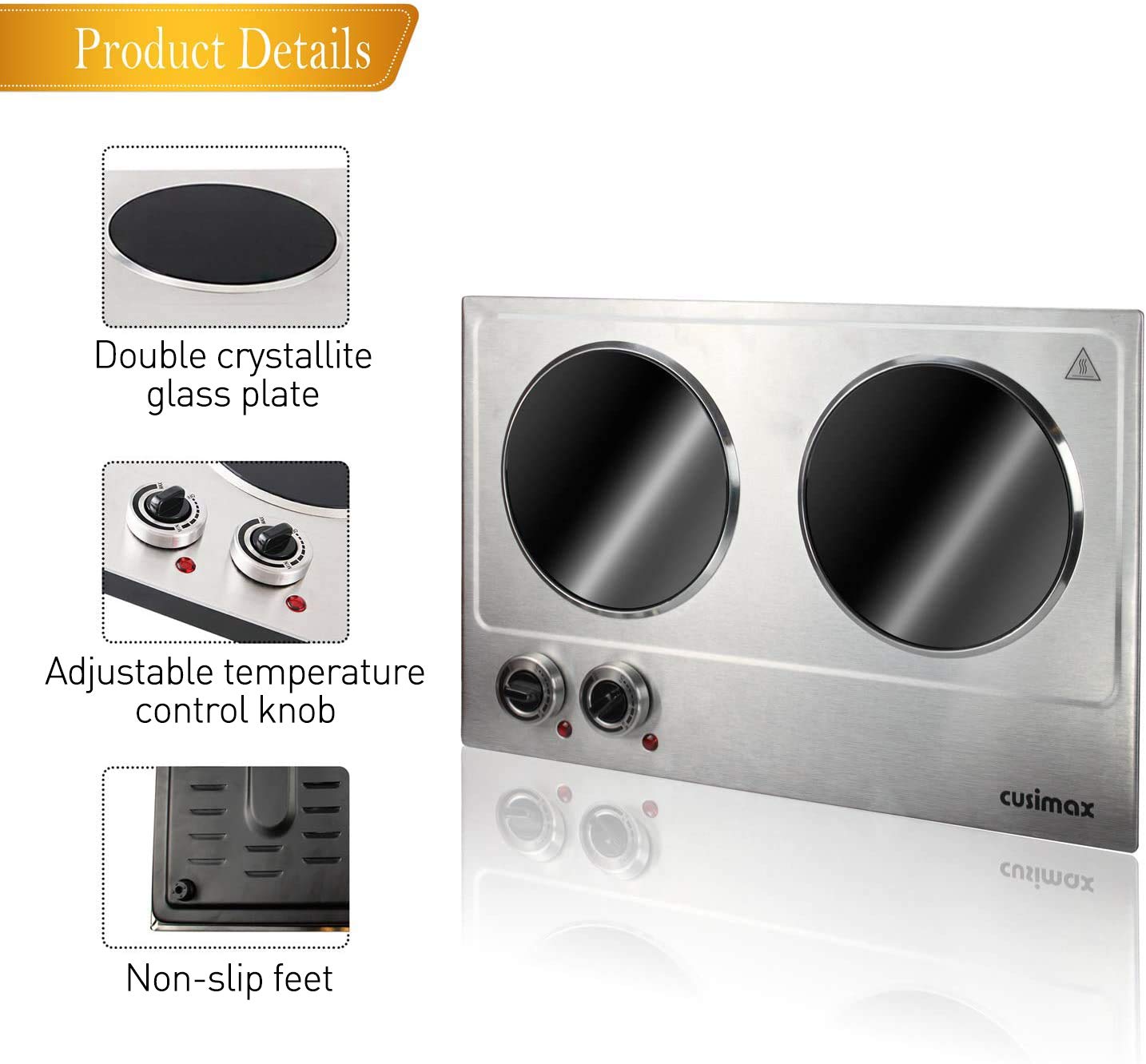 CUSIMAX 1800W Dual Control Infrared Ceramic Electric Hot Plate - Portable Countertop Burner with Glass Plate, Stainless Steel (Upgraded Version) - Perfect for Dorm Rooms, Camping & Small Kitchen Cooking