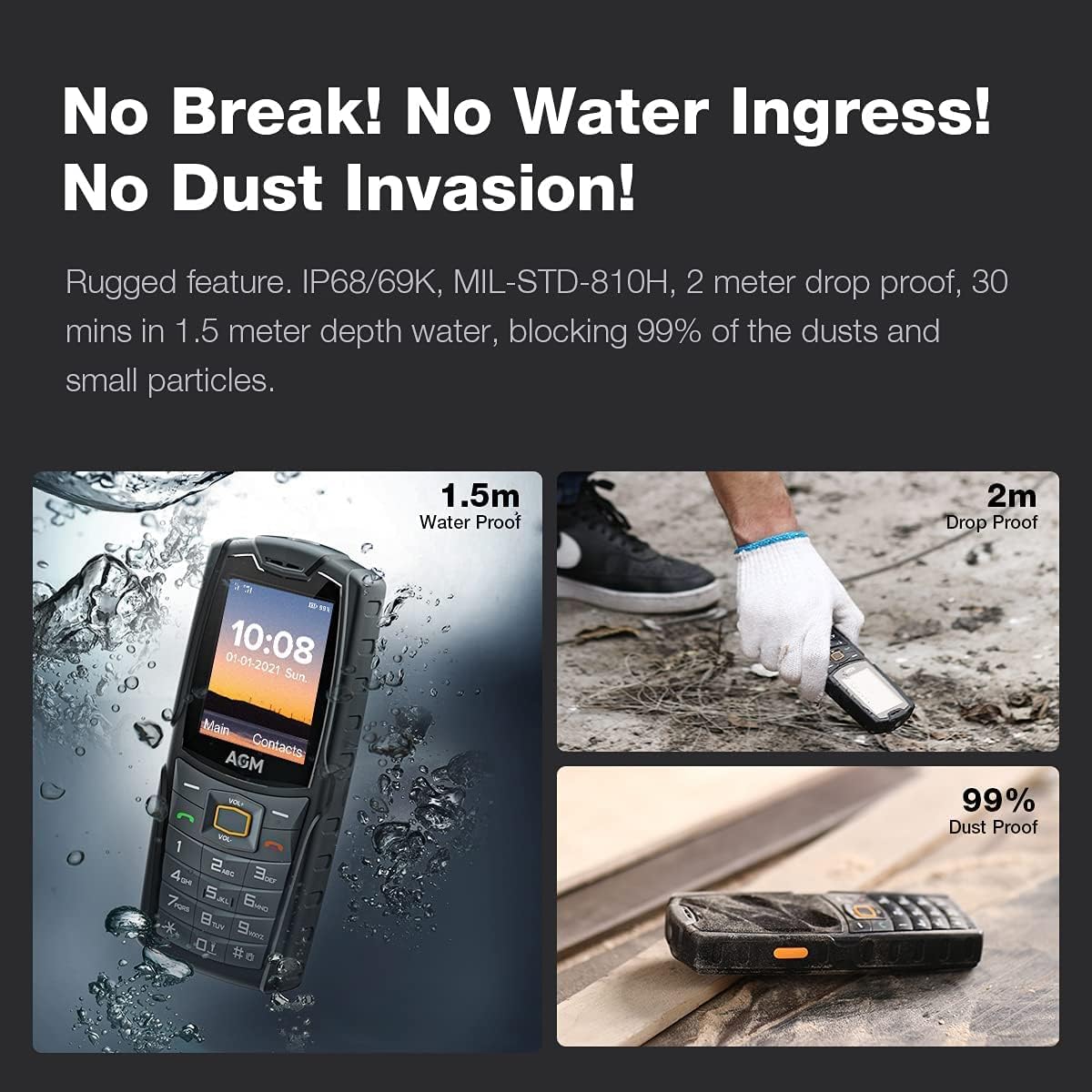 AGM M6 Rugged 4G Feature Phone - Waterproof, Drop-Proof, Large Buttons & Font | 109dB Loud Speaker, Dual SIM, 2500mAh Battery | Outdoor, Emergency, Senior & Work Use