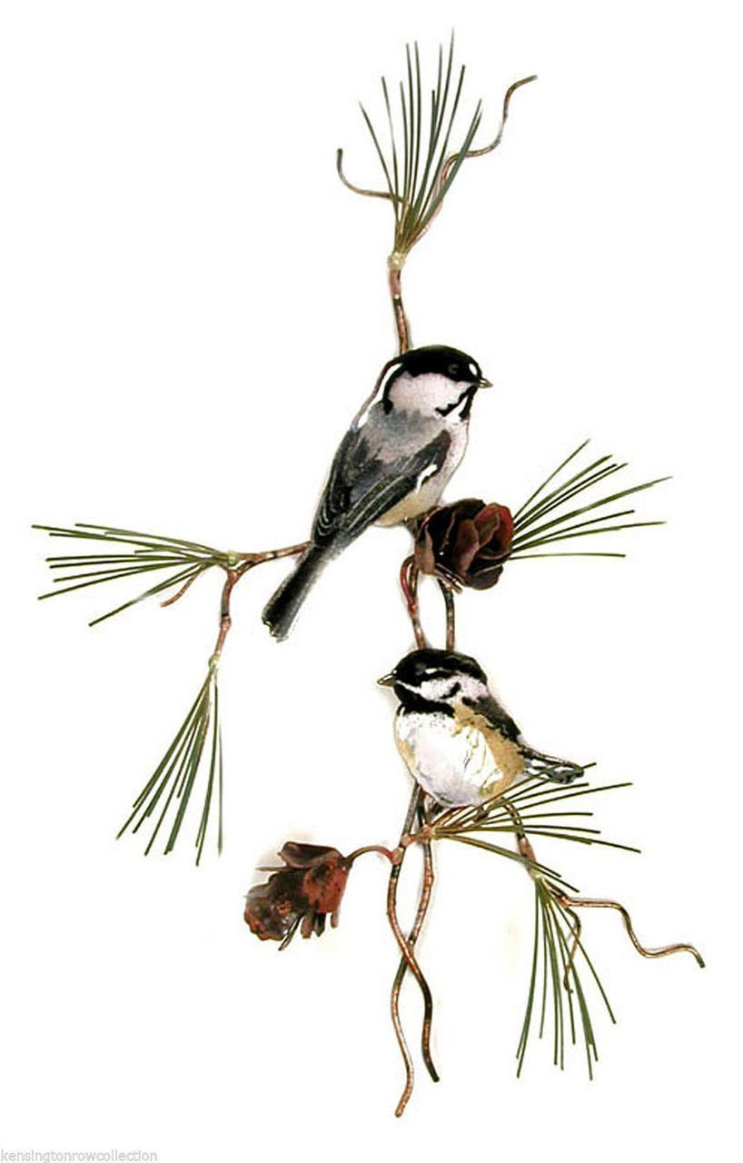 Chickadees Perched in Pine Tree Metal Wall Sculpture - Handcrafted Bird Wall Art Decor for Living Room, Bedroom & Office - Rustic Home Decor Gift Idea