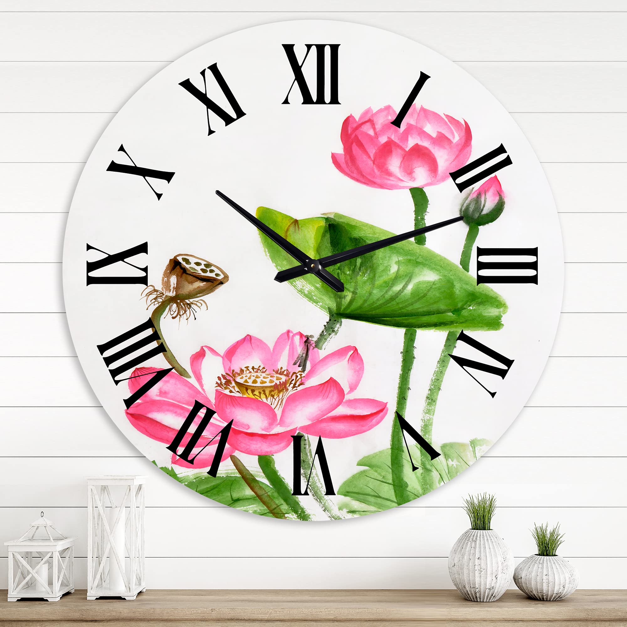 Vintage Pink Lotus Wall Clock - Large Floral Botanical Wall Decor for Living Room, Bedroom & Office | Traditional Design with Pond Scene | Perfect for Home & Office Décor