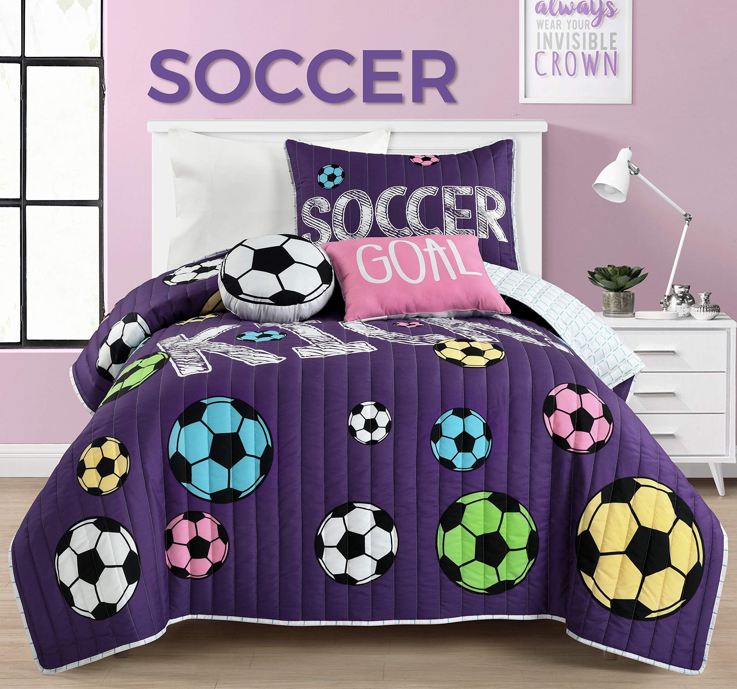 Lush Decor Girls Soccer Bedding Set - 4 Piece Twin Size Quilt in Purple | Soft & Comfortable Soccer Theme Bedroom Decor for Girls | Perfect for Kids' Rooms, Dormitories & Sports Themed Bedrooms