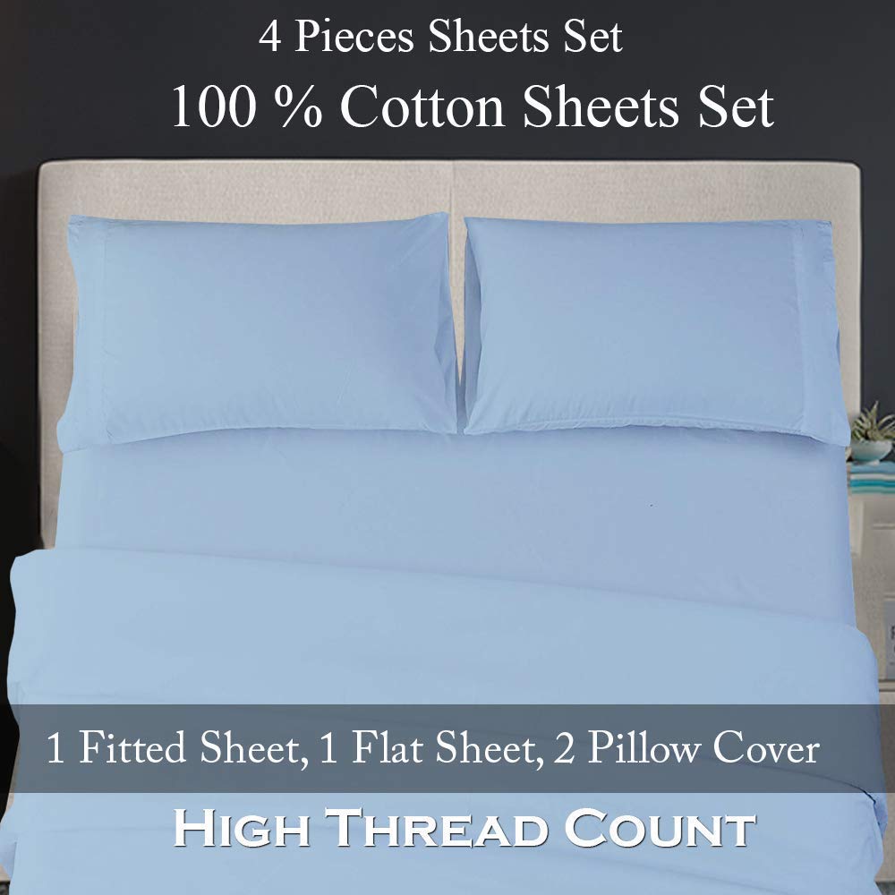 Full XL Cotton Sheets Set - 400 Thread Count 4-Piece Bedding for Deep Pocket Mattress | Light Blue Solid Color for Cozy Sleep