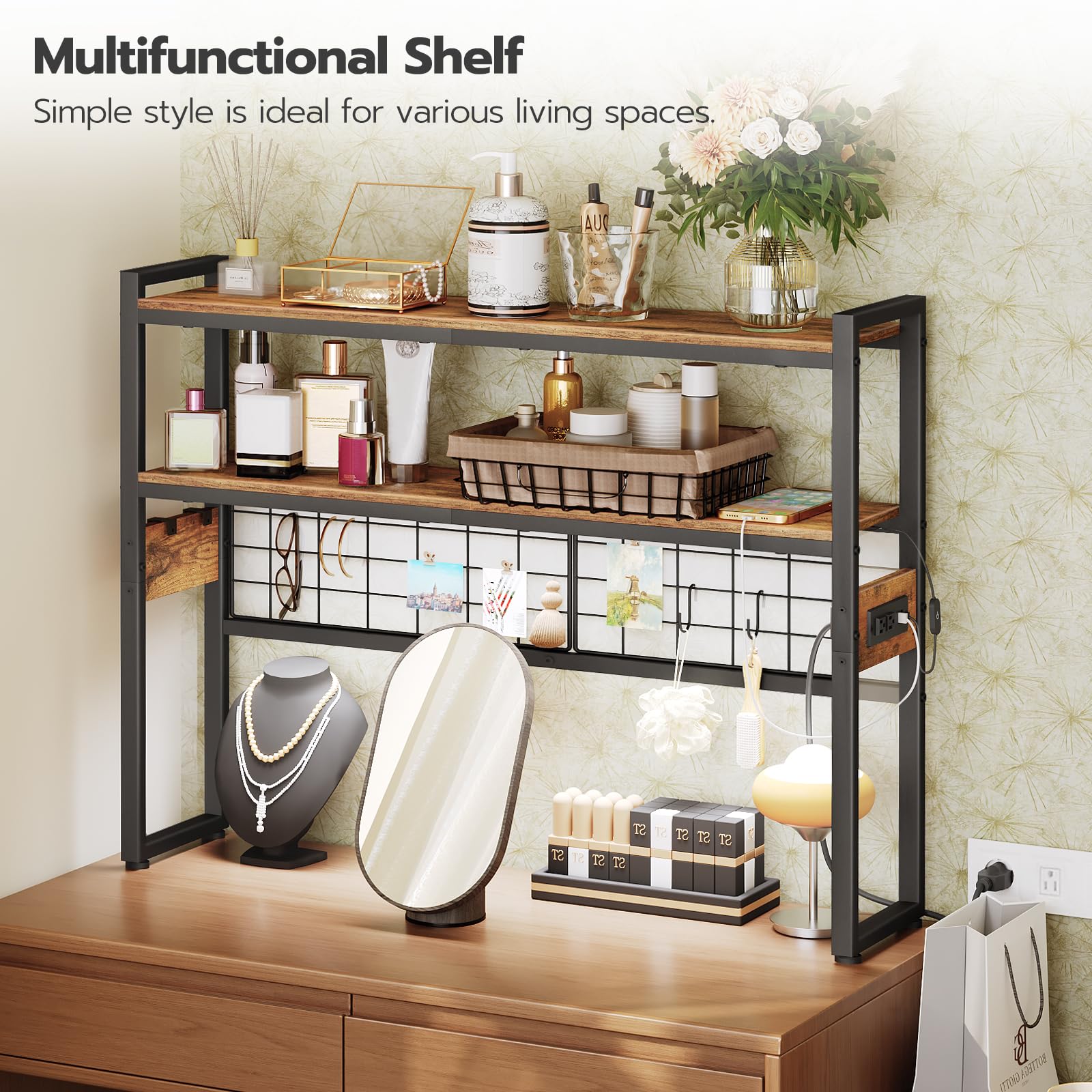 HOOBRO 2-Tier Wooden Desktop Bookcase with LED Light Strip & Power Outlets - 29.9