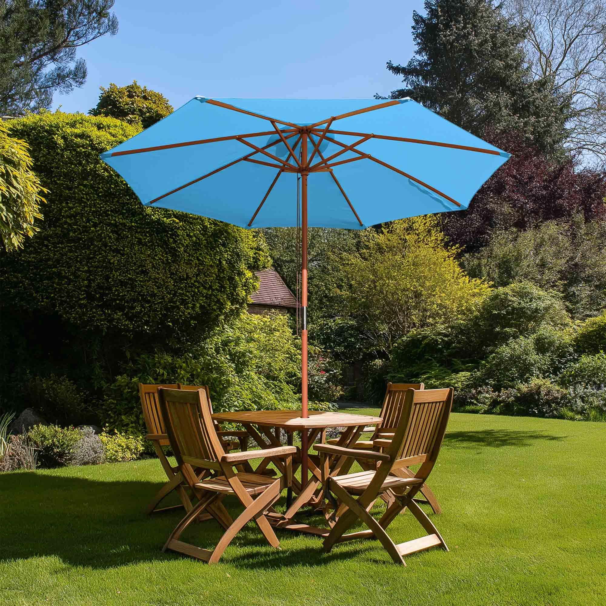 Yescom 9ft Wooden Outdoor Patio Umbrella with Pulley - Blue Market Garden Beach Umbrella for Yard, Deck & Cafe - Perfect for Sunshade, Poolside Lounging and Outdoor Dining