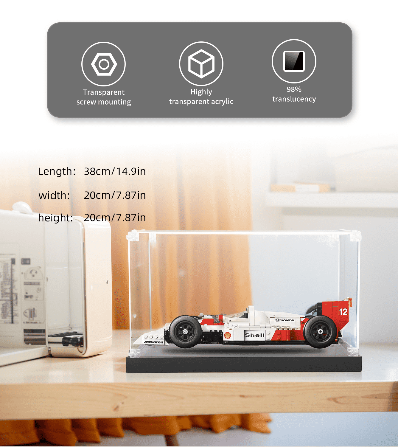 LEGO McLaren MP4/4 & Ayrton Senna 10330 Display Case - Premium Acrylic Showcase for LEGO Technic Model Car - Perfect for Collectors & Home Office Decor