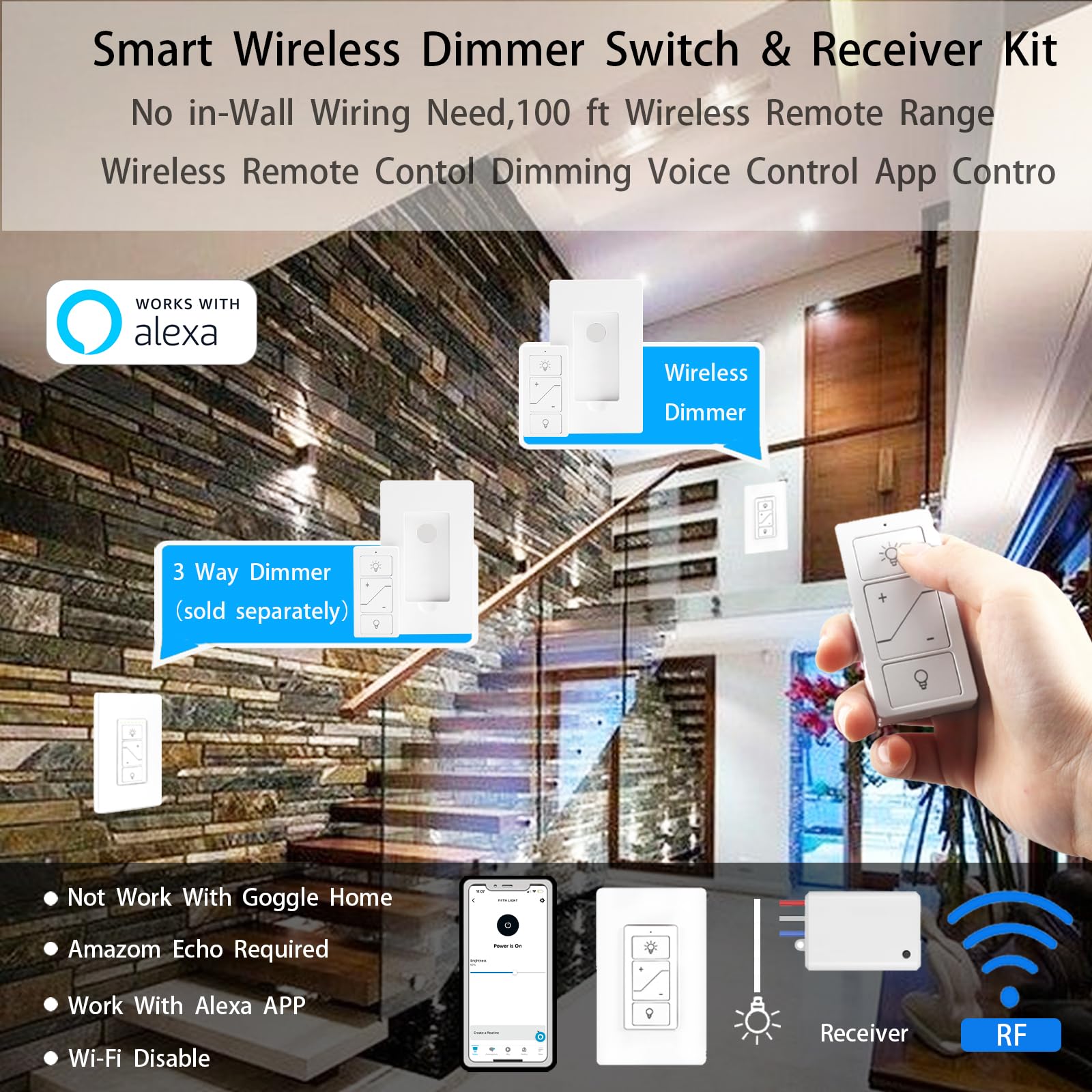 Smart Wireless Light Switch & Receiver - Alexa Compatible Remote Dimmer Switch for Ceiling Lights, Fans & Lamps | Easy Home Automation & Smart Lighting Control (Perfect for Bedrooms, Living Rooms & Home Offices)