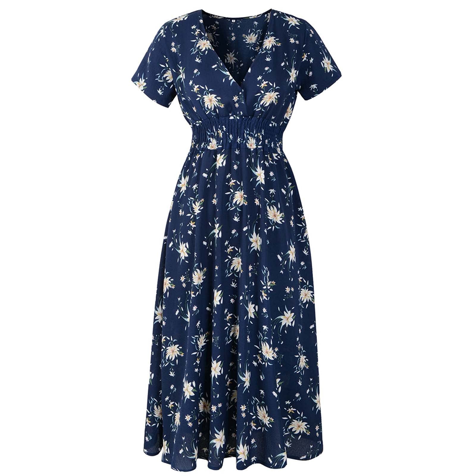 Women's Summer Maxi Dress - Floral Printed V-Neck Short Sleeve Swing Dress with Swallowtail Hem, Plus Size Casual Beach Dress for Vacation, Party & Outdoor Events