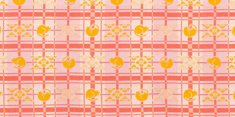 Japanese Nishijin Ori Pencil Case - Pink Good Luck Cat & Cross Stripes Pattern | Kyoto Traditional Craft Pen Pouch | Perfect for School, Office & Gift Giving
