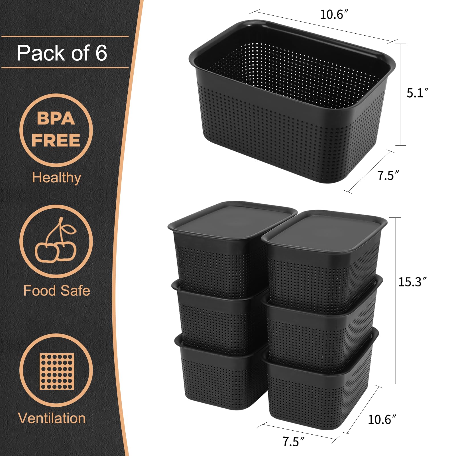 AREYZIN 6-Pack Plastic Storage Baskets with Lids - Organizer Bins for Shelves, Drawers, Desktop, Closet, Playroom, Classroom & Office - Perfect for Home Organization, Kids Toys Storage and Office Supplies (Black)