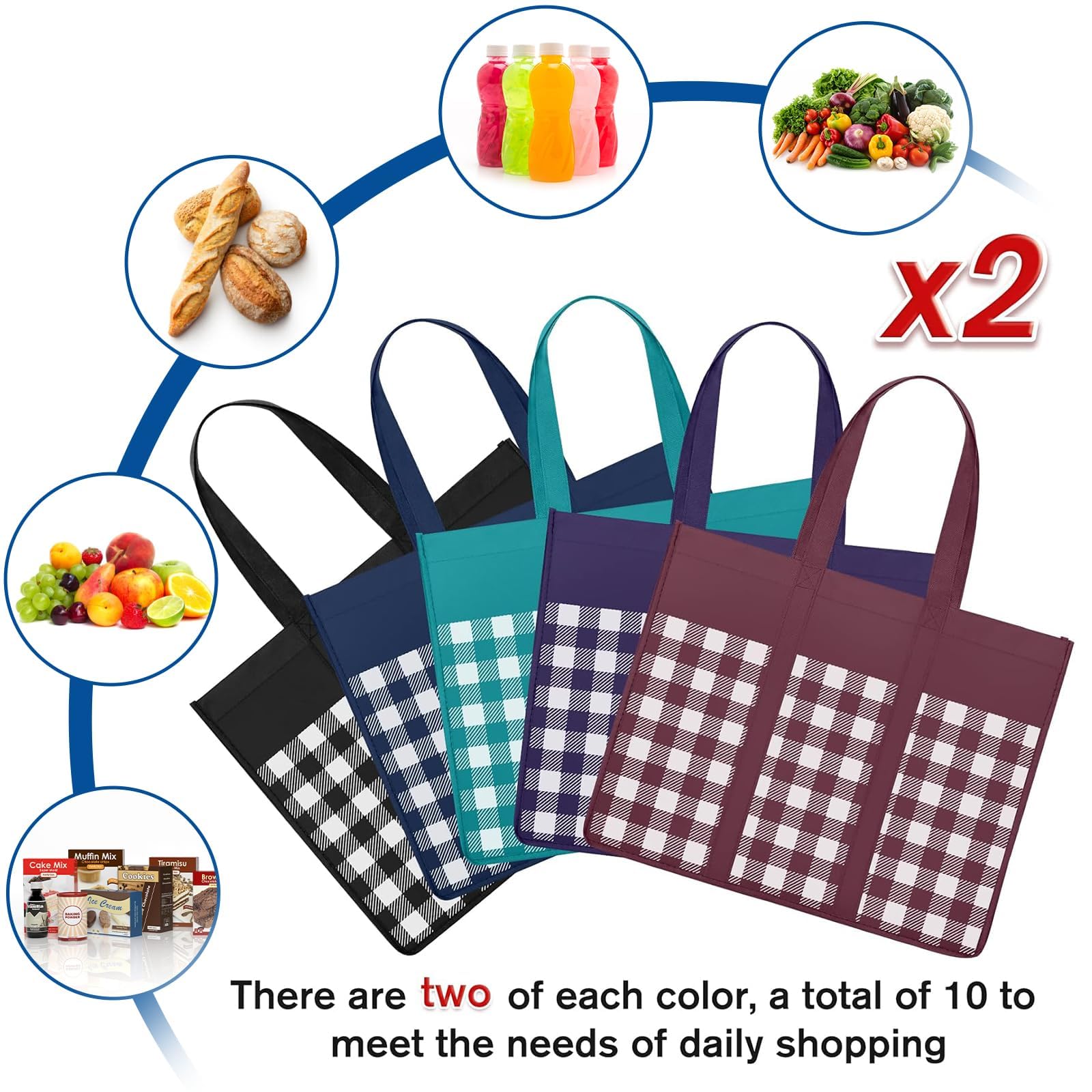WISELIFE 10 Pack Reusable Grocery Shopping Bags - Large Foldable Tote Bags Bulk Set, Eco-Friendly Produce Bags with Long Handles for Groceries, Clothes & Shopping (Plaid C) - Perfect for Grocery Stores, Farmers Markets & Travel