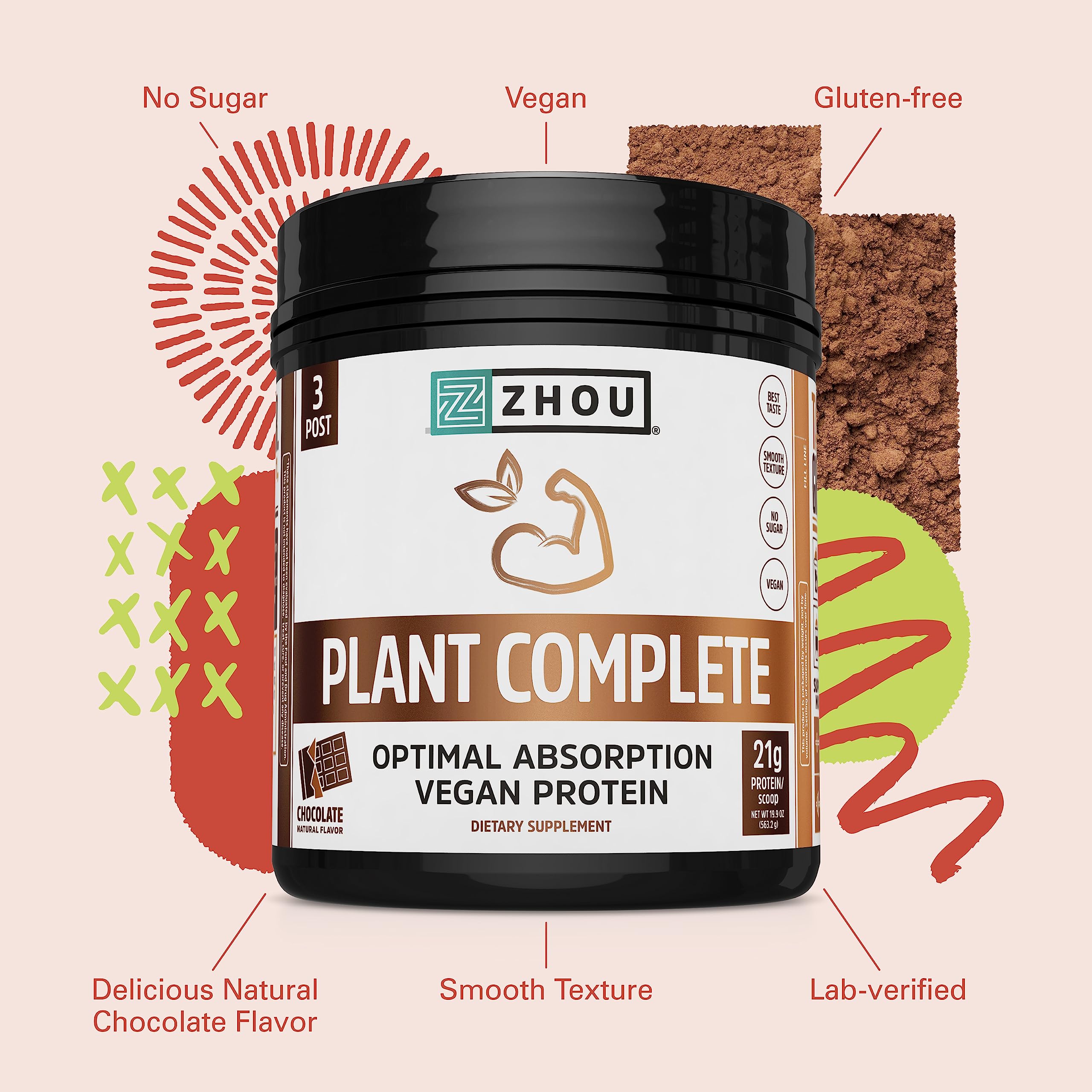 Zhou Nutrition Vegan Protein Powder - Plant Based, Dairy Free, Soy Free, Gluten Free, Sugar Free, Chocolate Flavor, 21g Protein per Serving (16 Servings) | Complete Amino Acid Profile for Optimal Absorption | Perfect for Post-Workout Recovery & Healthy Smoothies