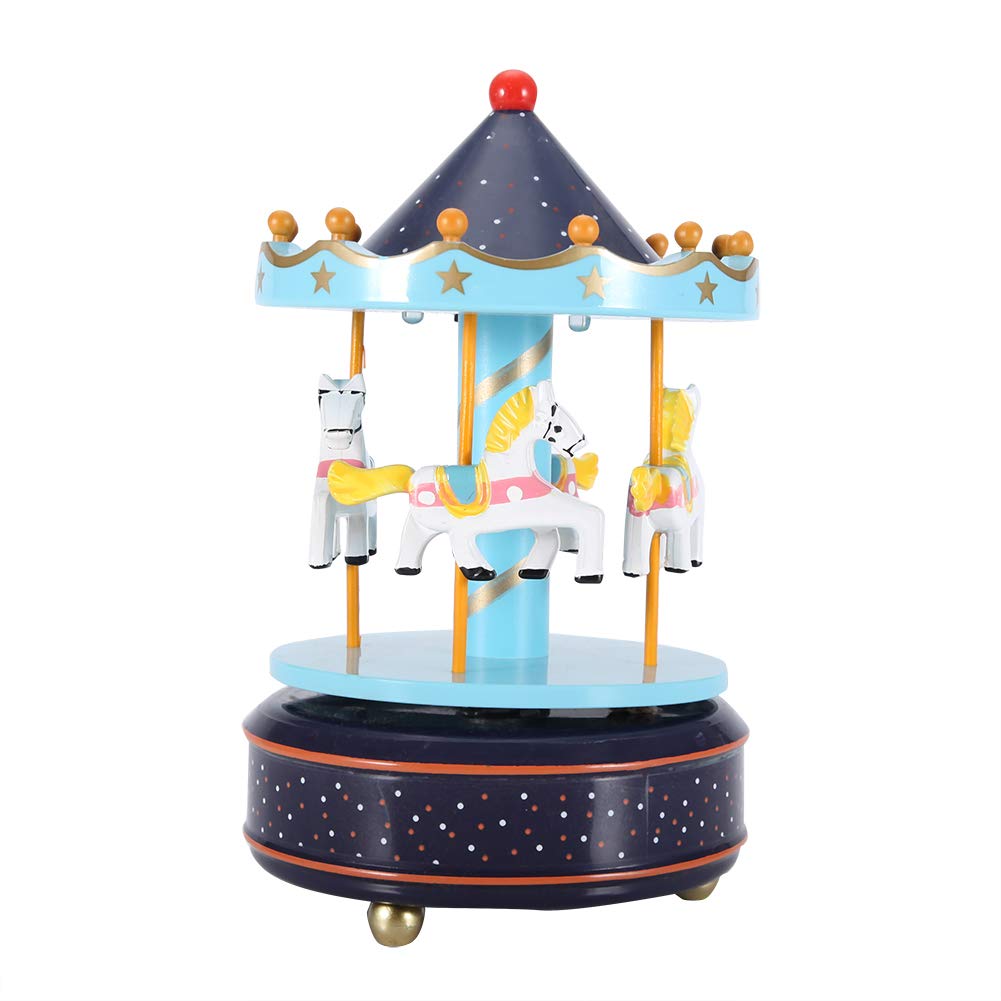 Classic 4-Horse Carousel Music Box with LED Lights - Dark Blue Merry Go Round Gift Decor for Home, Nursery & Sleep Aid - Perfect for Christmas, Birthdays & Relaxation