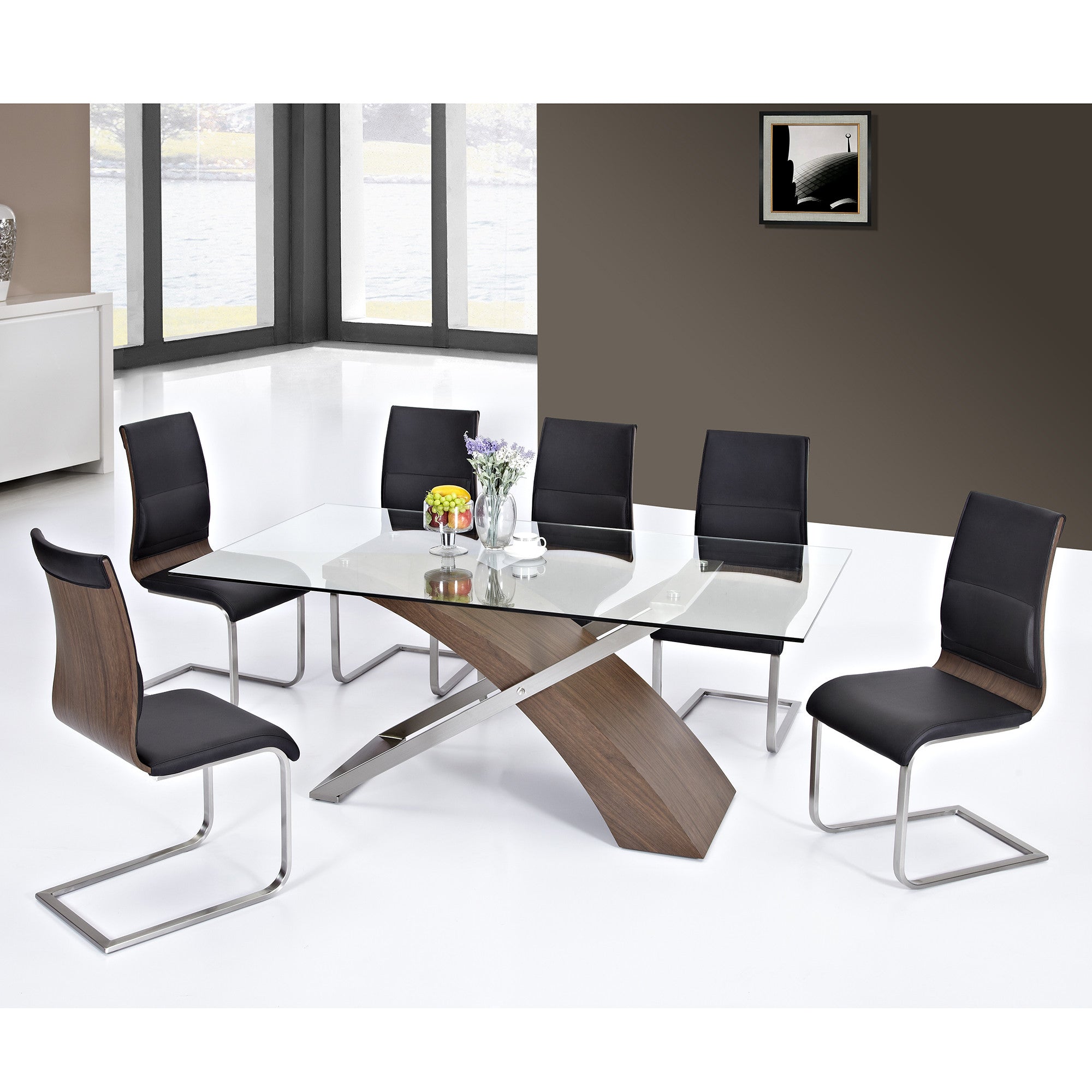 Modern Glass Top Dining Table Set with 6 Chairs - Elegant & Durable for Dining Room, Kitchen, or Office - Veneta Collection