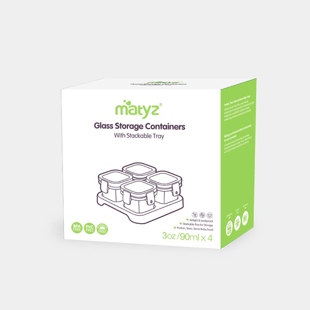 Matyz 4-Pack Glass Baby Food Containers with Airtight Lids & Stackable Tray - 3oz Freezer Safe Storage Jars for Infants & Toddlers - BPA-Free Reusable Meal Prep Containers (Mint Green) - Perfect for Homemade Purees, Snacks & Daycare Lunches