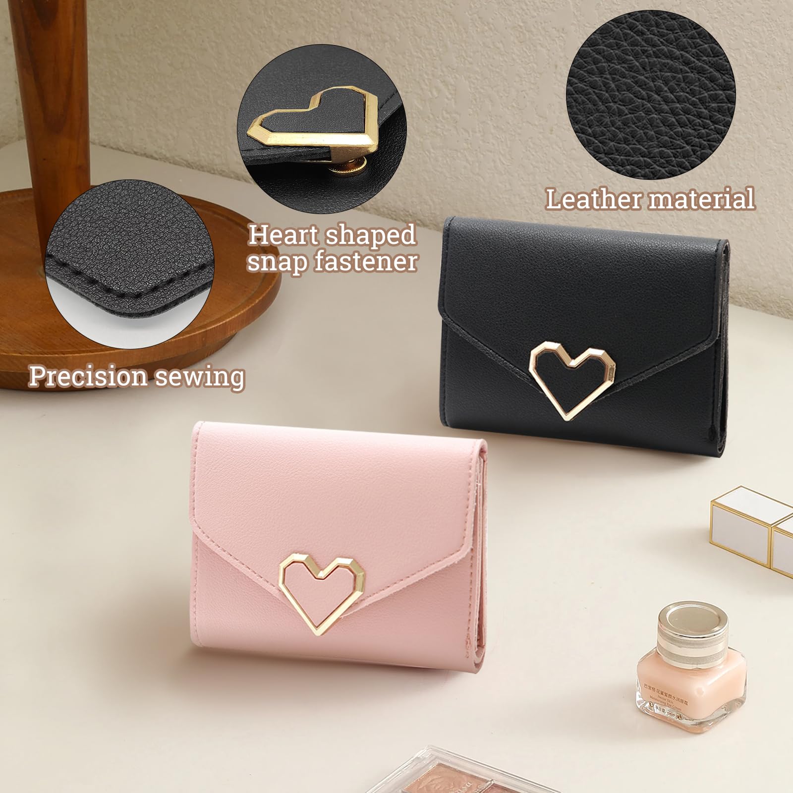Short Women's Wallet - PU Leather Heart-Shaped Mini Card Holder with ID Window | Compact Slim Purse for Women (Pink) | Perfect for Everyday Use, Travel & Gift Giving