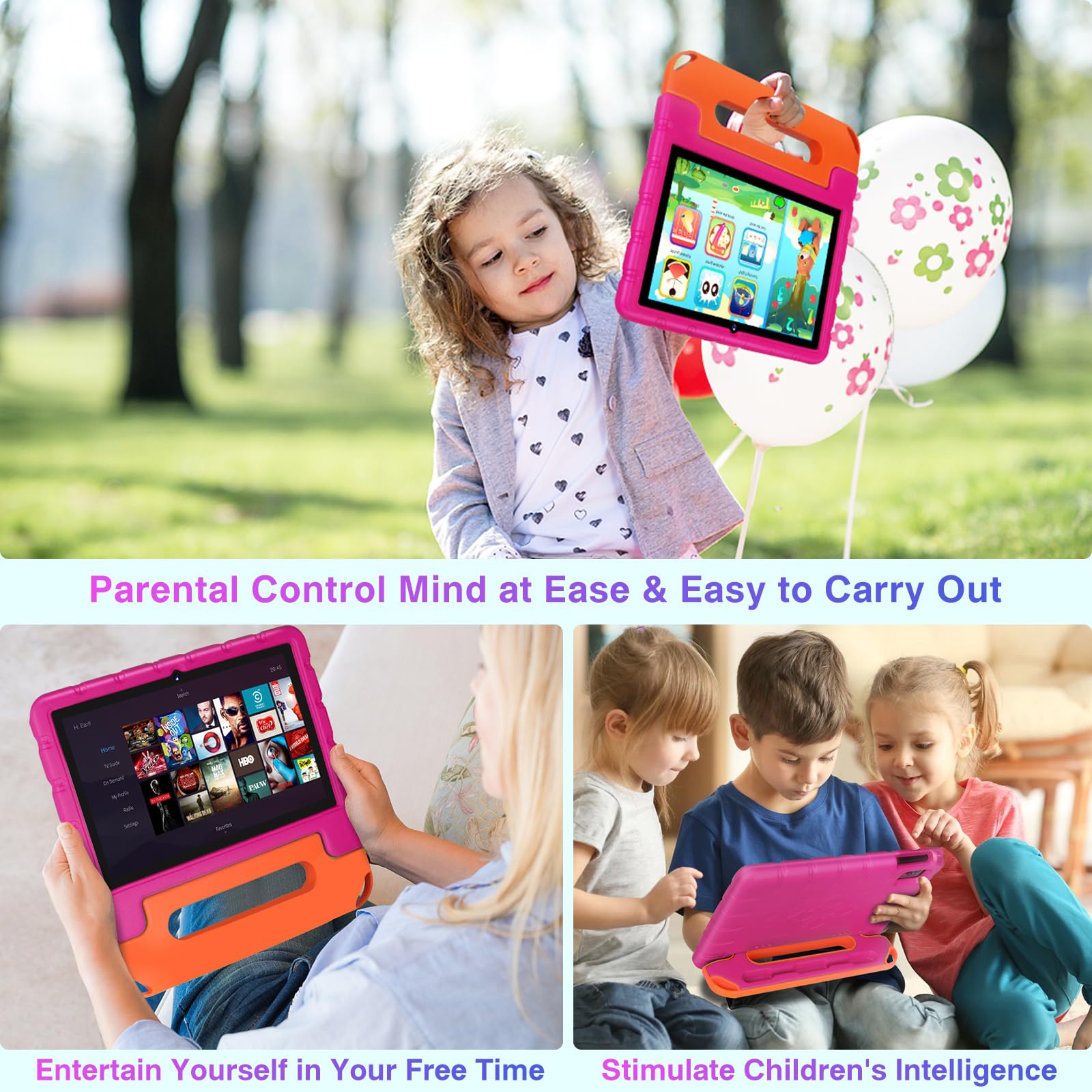 ZIOVO 10 Inch Android 13 Kids Tablet - 12GB RAM 128GB ROM (Expandable to 1TB) | Octa-Core 2.0GHz | 5G WiFi | Bluetooth 5.0 | 8MP+5MP Cameras | 6000mAh Battery | Includes Pink EVA Protective Case - Perfect for Online Learning, Kids Games & Family Entertainment