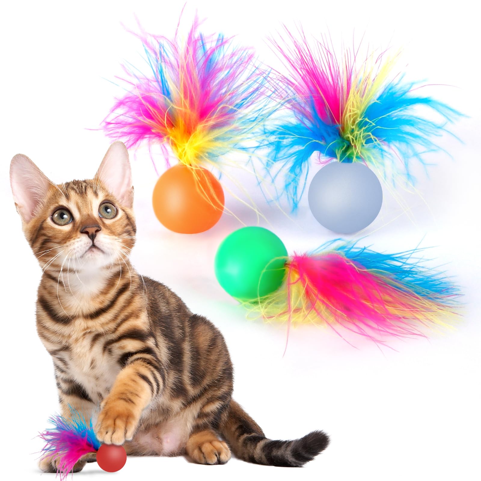 SHENGSEN Feather Cat Toys - 4 Pack Bouncy Balls with Feathers for Kittens & Cats | Interactive Play, Exercise & Stress Relief | Perfect for Indoor Playtime & Pet Bonding
