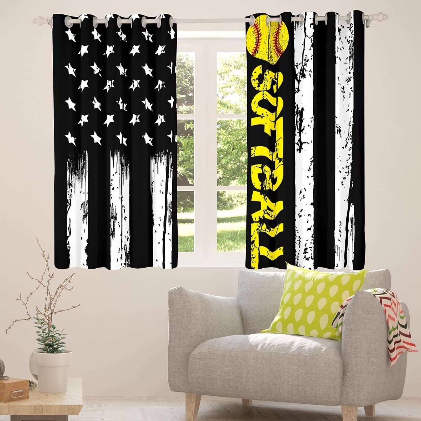 2 Panels Blackout Curtains - American Flag White Black Stripe Stars Baseball Softball Print, Polyester Soundproof Window Treatments for Bedroom & Living Room (72x72 Inches) - Perfect for Game Rooms, Dorm Decor & Patriotic Home Decor