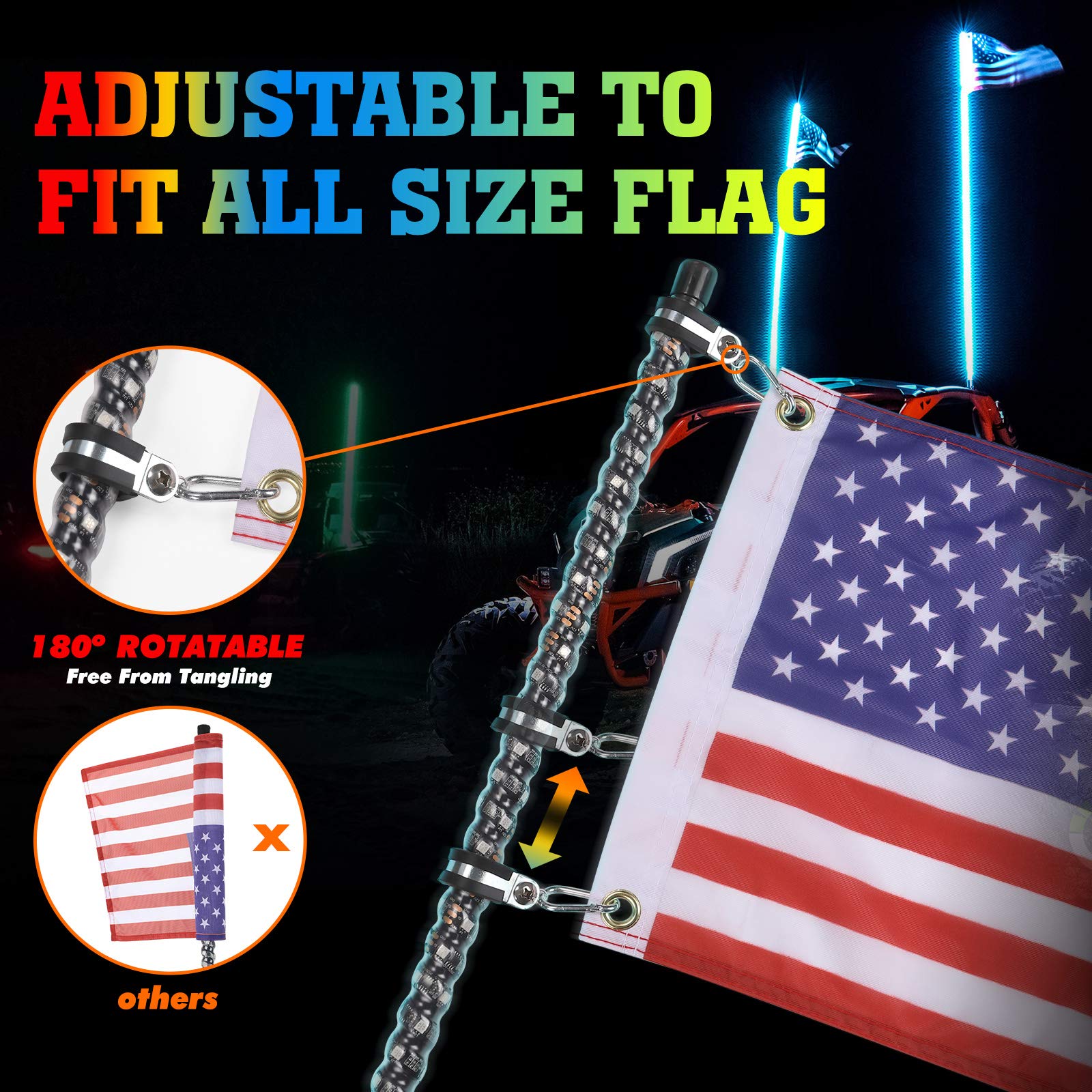 KEMIMOTO 2pc 3ft Spiral Whip Lights for UTV ATV - LED Offroad Whip Lights with RF Remote Control for Polaris RZR, Can-Am Maverick X3, Sportsman - Perfect for Night Riding, Offroad Adventures & Boat Parties