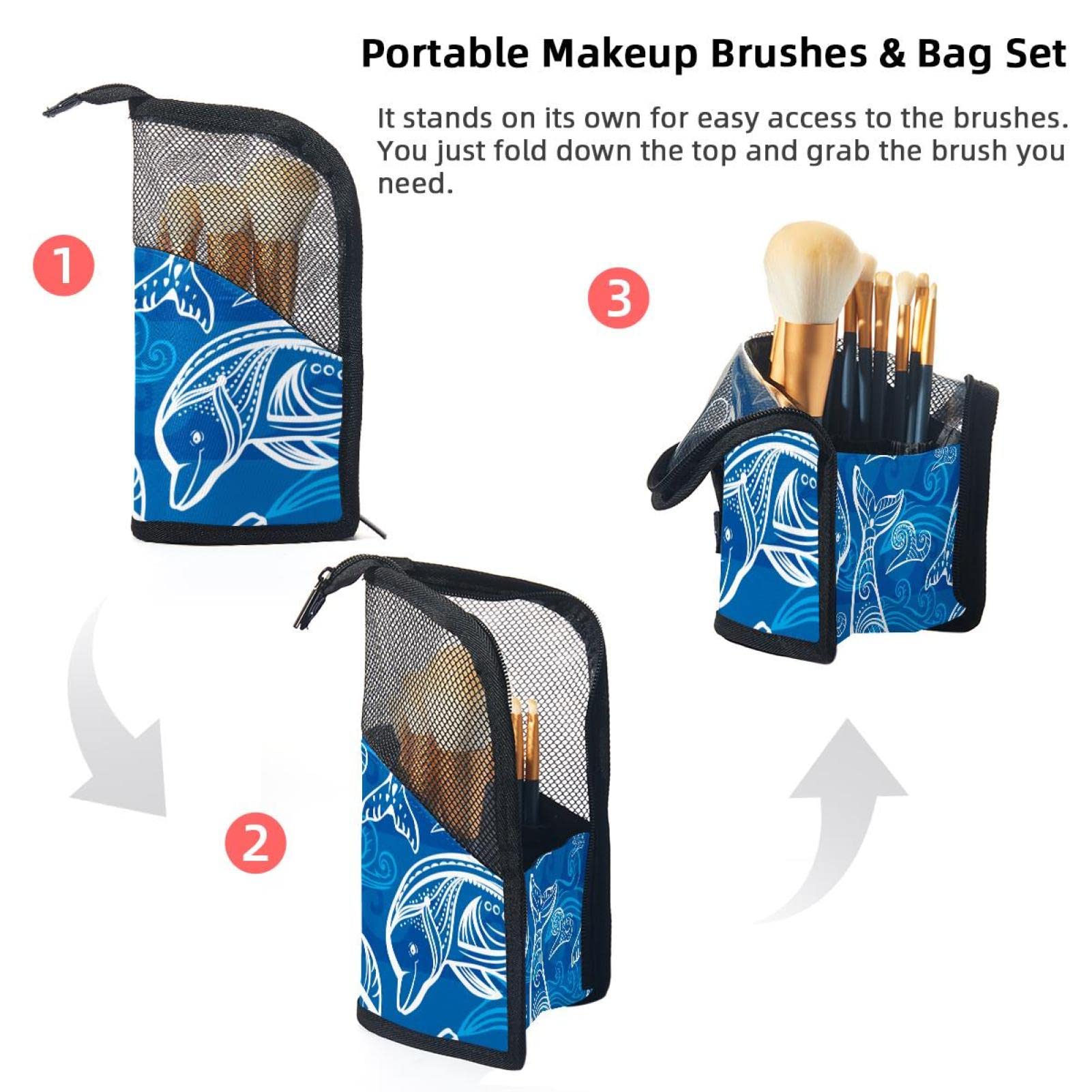 12-Piece Makeup Brush Organizer Bag with Abstract Waves & Ocean Whale Design - Portable Cosmetic Brush Holder Case for Travel, Home & Professional Use