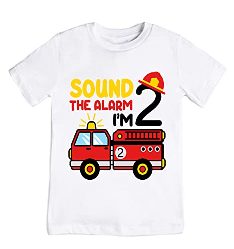 Fire Truck 2nd Birthday Shirt for Toddlers - Sound The Alarm Firefighter Outfit for Boys & Girls - Cute Fire Truck Party Theme (Ages 3) | Perfect for Birthday Celebrations, Photo Shoots & Special Occasions