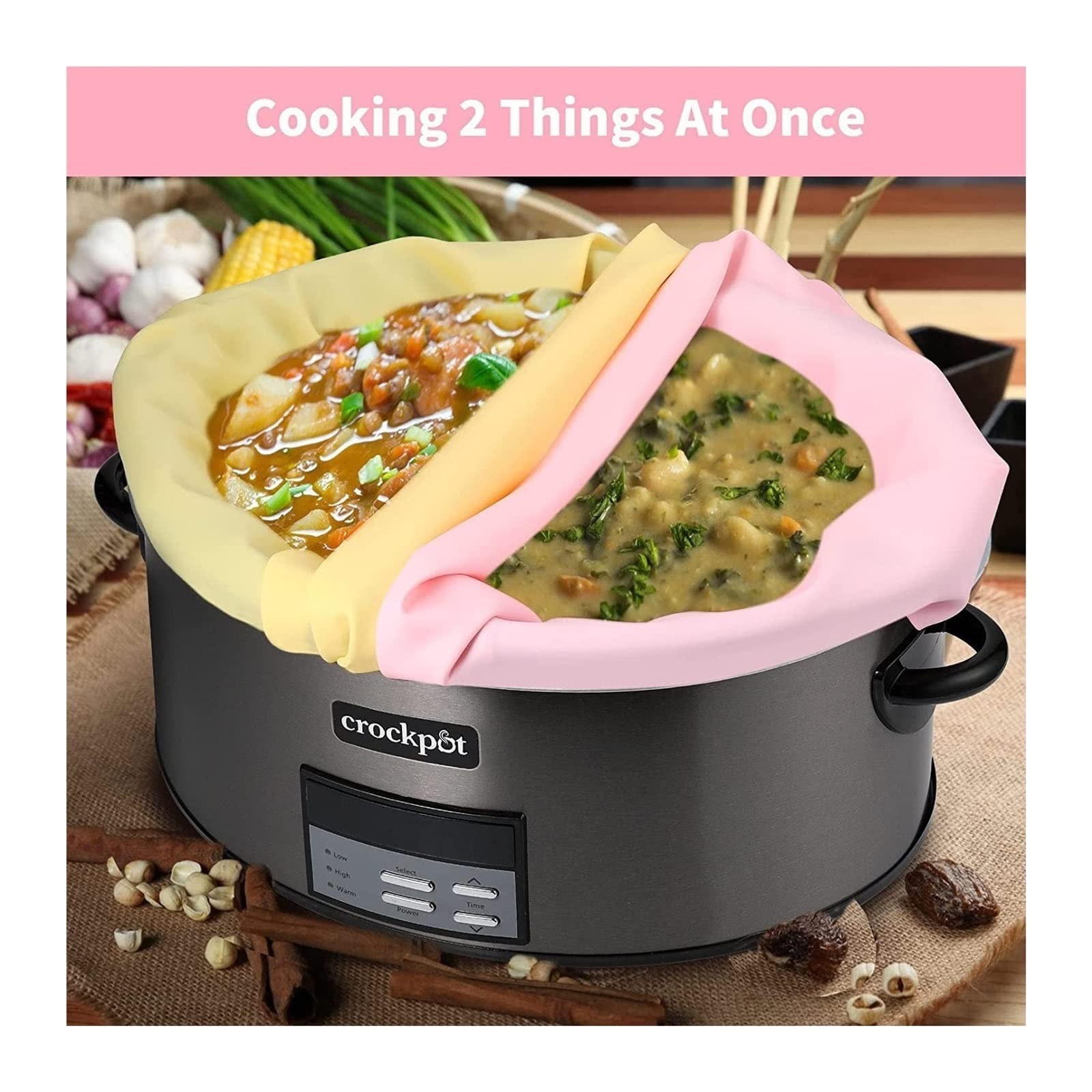 2PCS Reusable Silicone Slow Cooker Liners for 6-8 Quart Crockpot - Leakproof, Easy Clean, Dishwasher Safe - Fits Oval & Round Slow Cookers (Pink/Red) - Perfect for Meal Prep, Leftovers & Hassle-Free Cooking